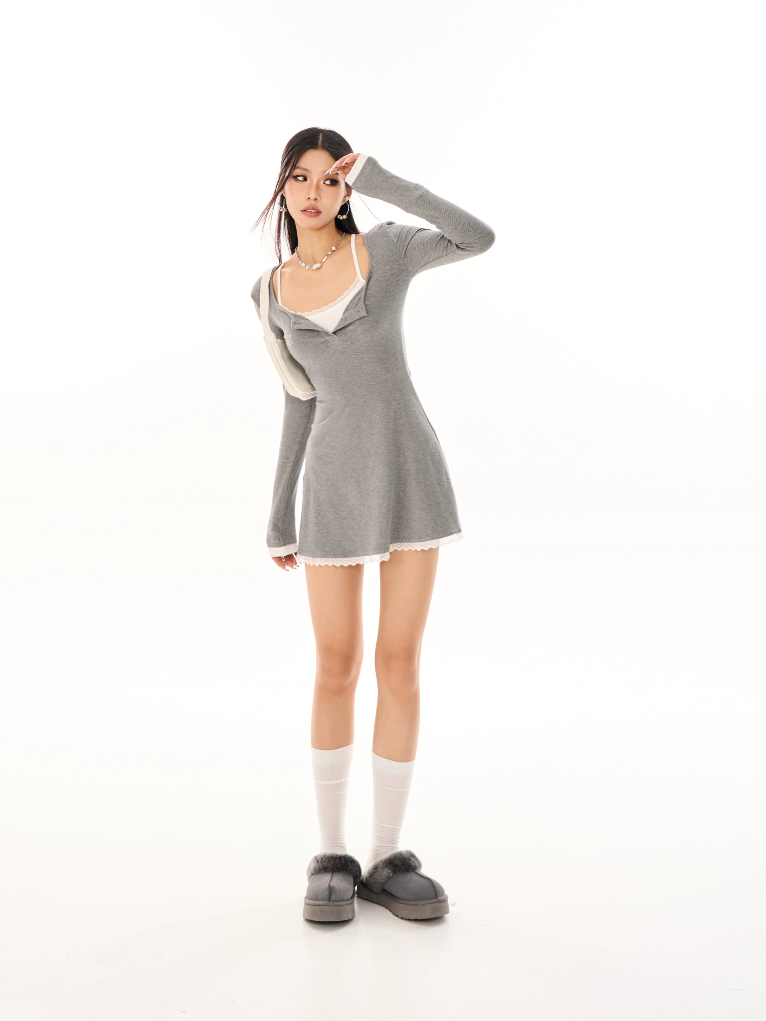 野生zerocircle裙子两件套女秋辣妹显瘦修身收腰灰色长袖连衣裙子