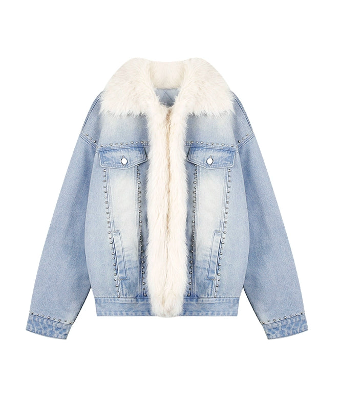 野生zerocircle毛领加厚牛仔外套女秋冬夹棉韩系慵懒风设计感显瘦