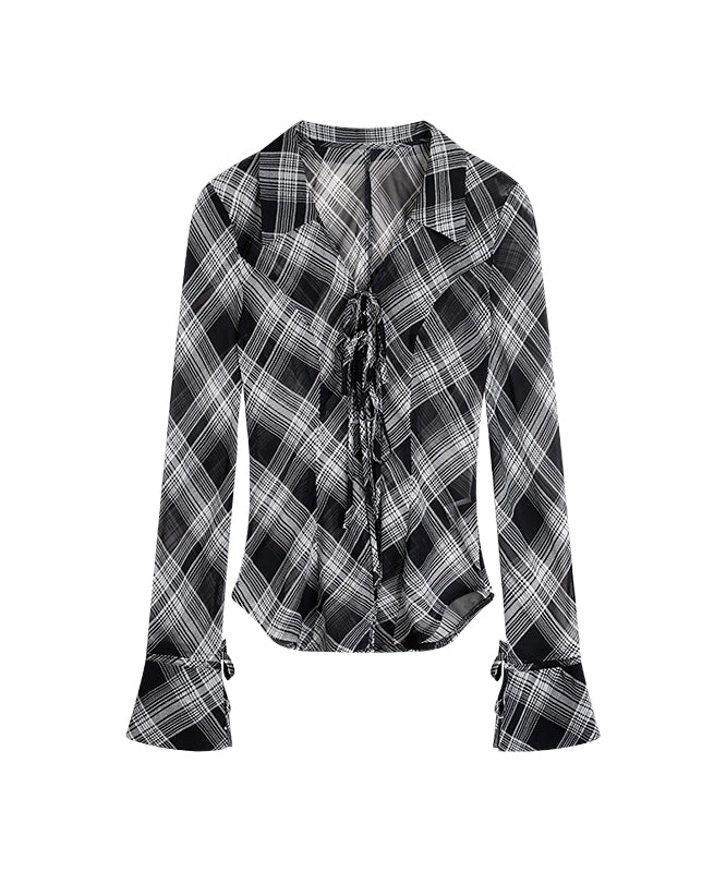 野生zerocircle 格子v领长袖衬衫女春修身显瘦绑带喇叭袖薄款上衣
