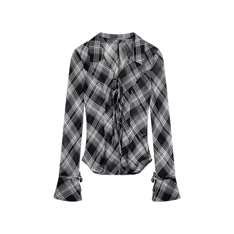 野生zerocircle 格子v领长袖衬衫女春修身显瘦绑带喇叭袖薄款上衣