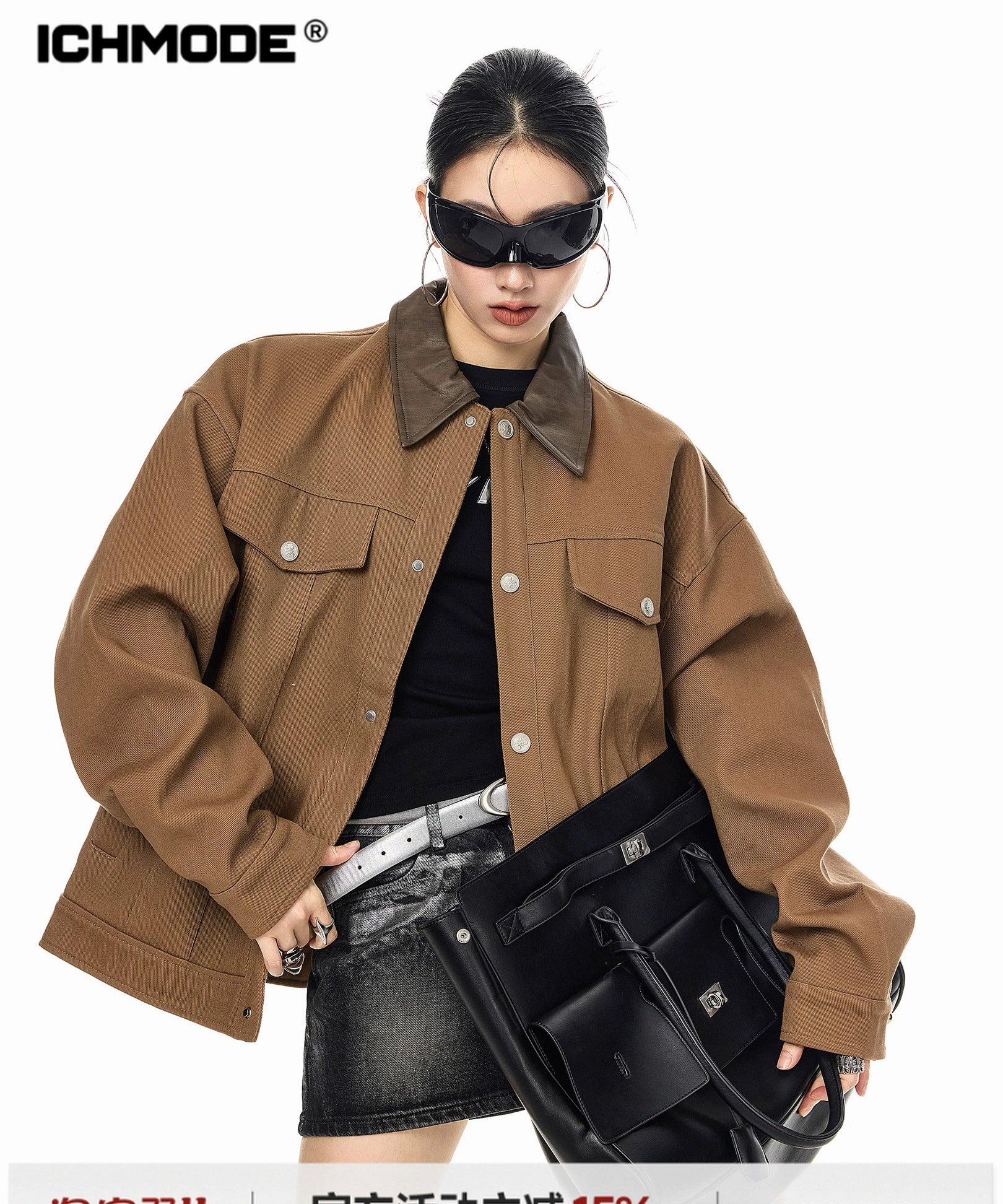 ICH MODE 美式复古撞色翻领外套女2025新款秋冬季巴恩风夹克上衣