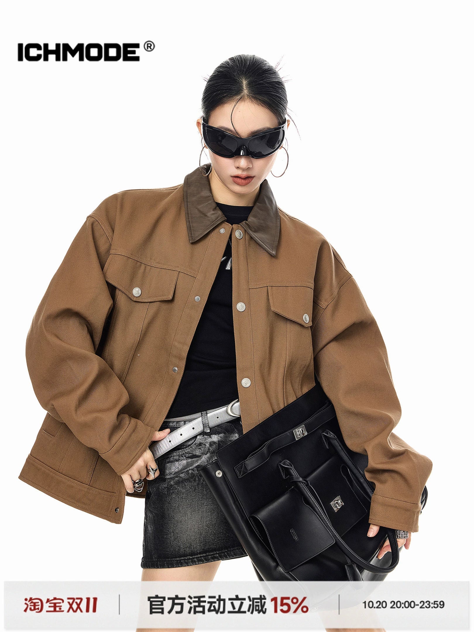 ICH MODE 美式复古撞色翻领外套女2025新款秋冬季巴恩风夹克上衣