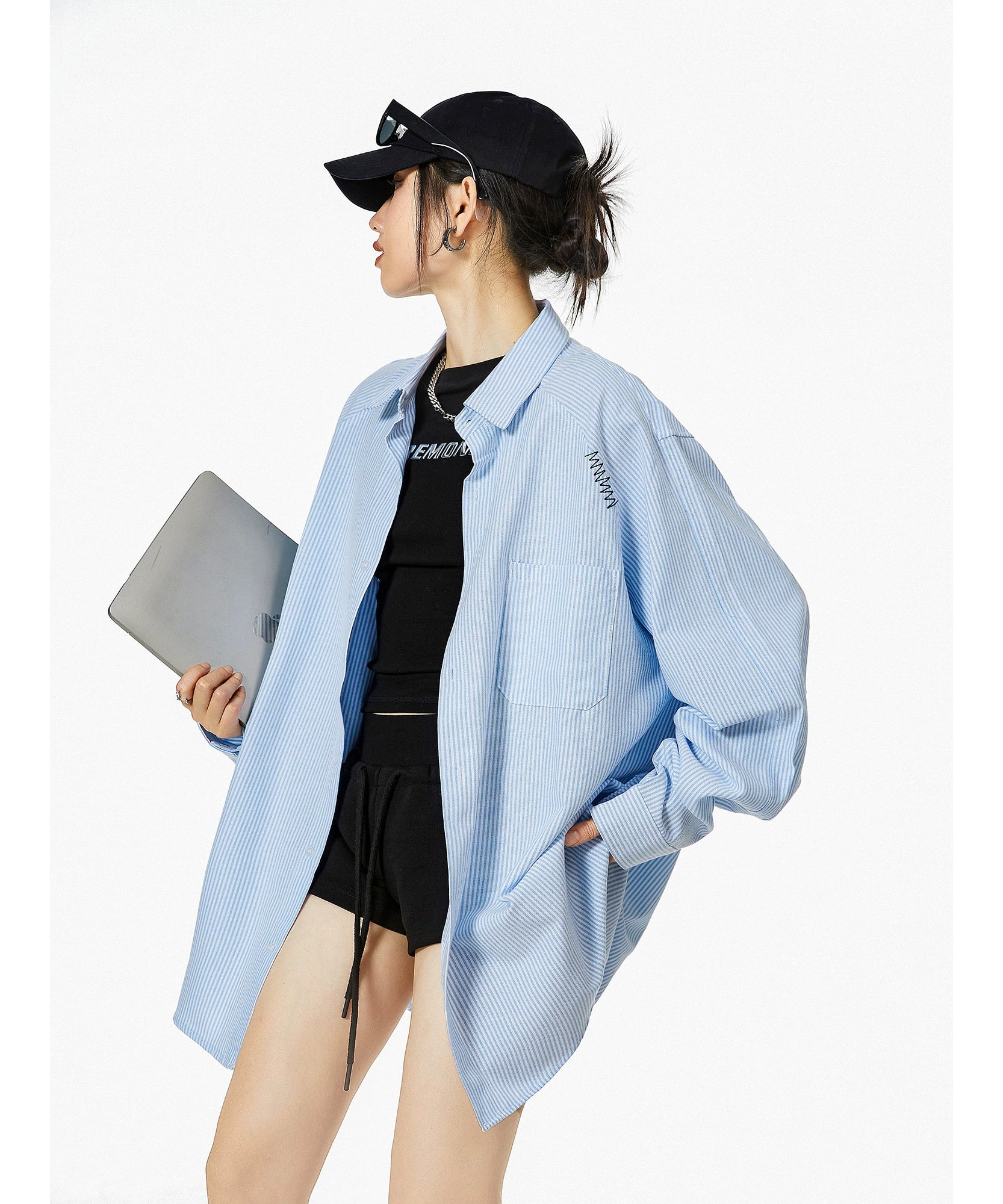 ICH MODE 美式复古条纹蓝色衬衫女秋2025新款宽松衬衣外套上衣