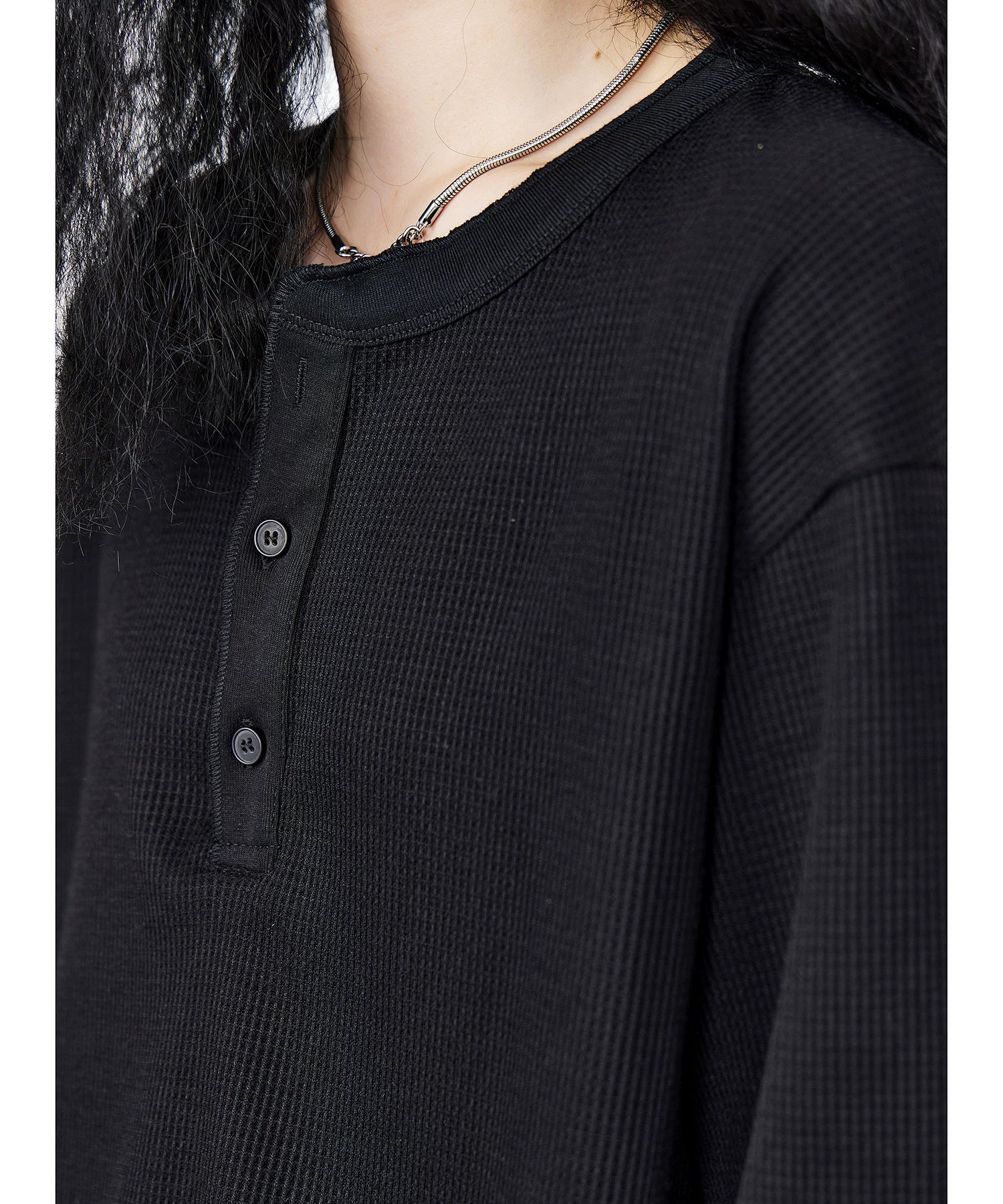 ICH MODE 美式亨利领长袖T恤女2025年夏季新款华夫格宽松休闲罩衫