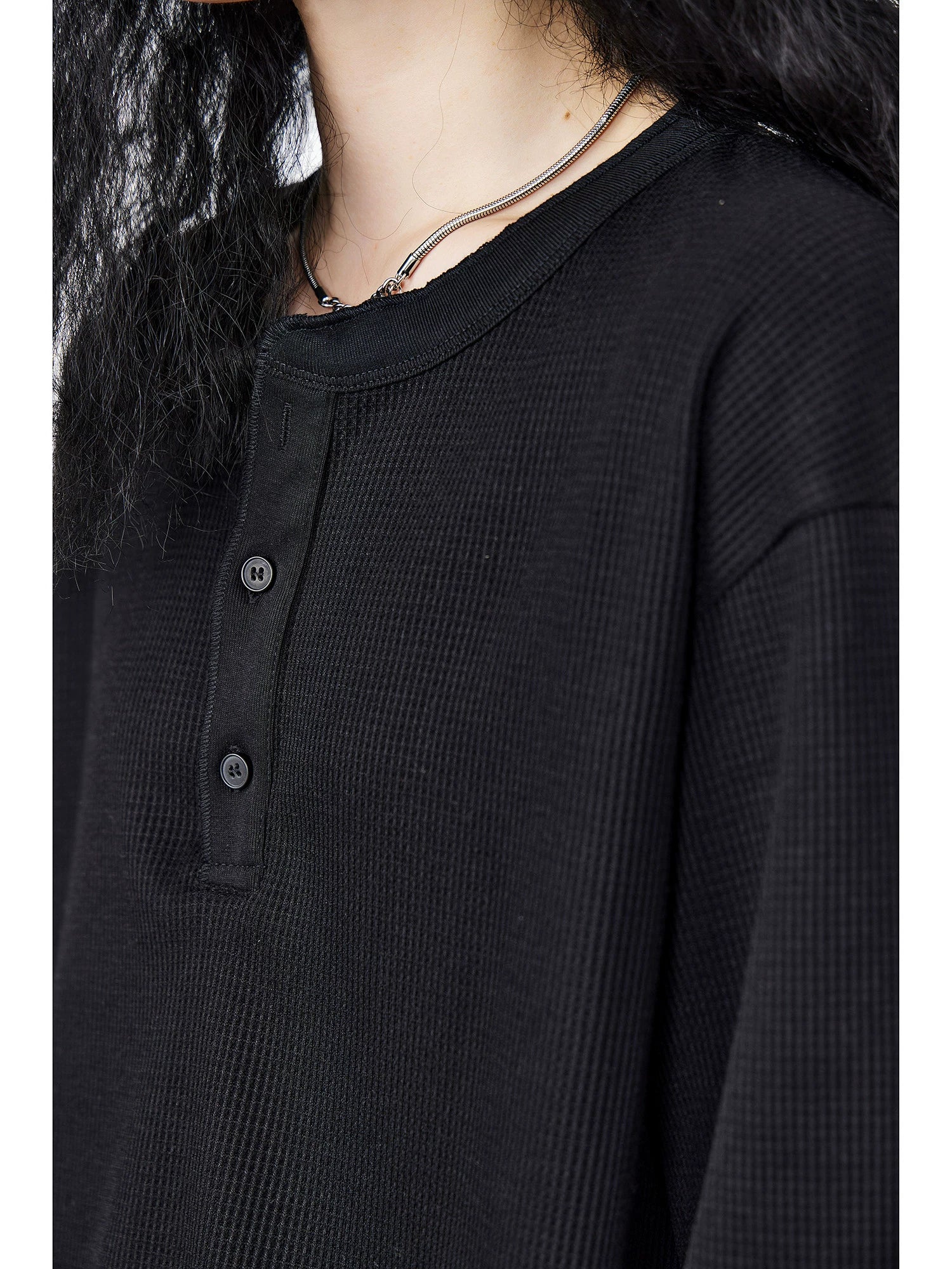 ICH MODE 美式亨利领长袖T恤女2025年夏季新款华夫格宽松休闲罩衫