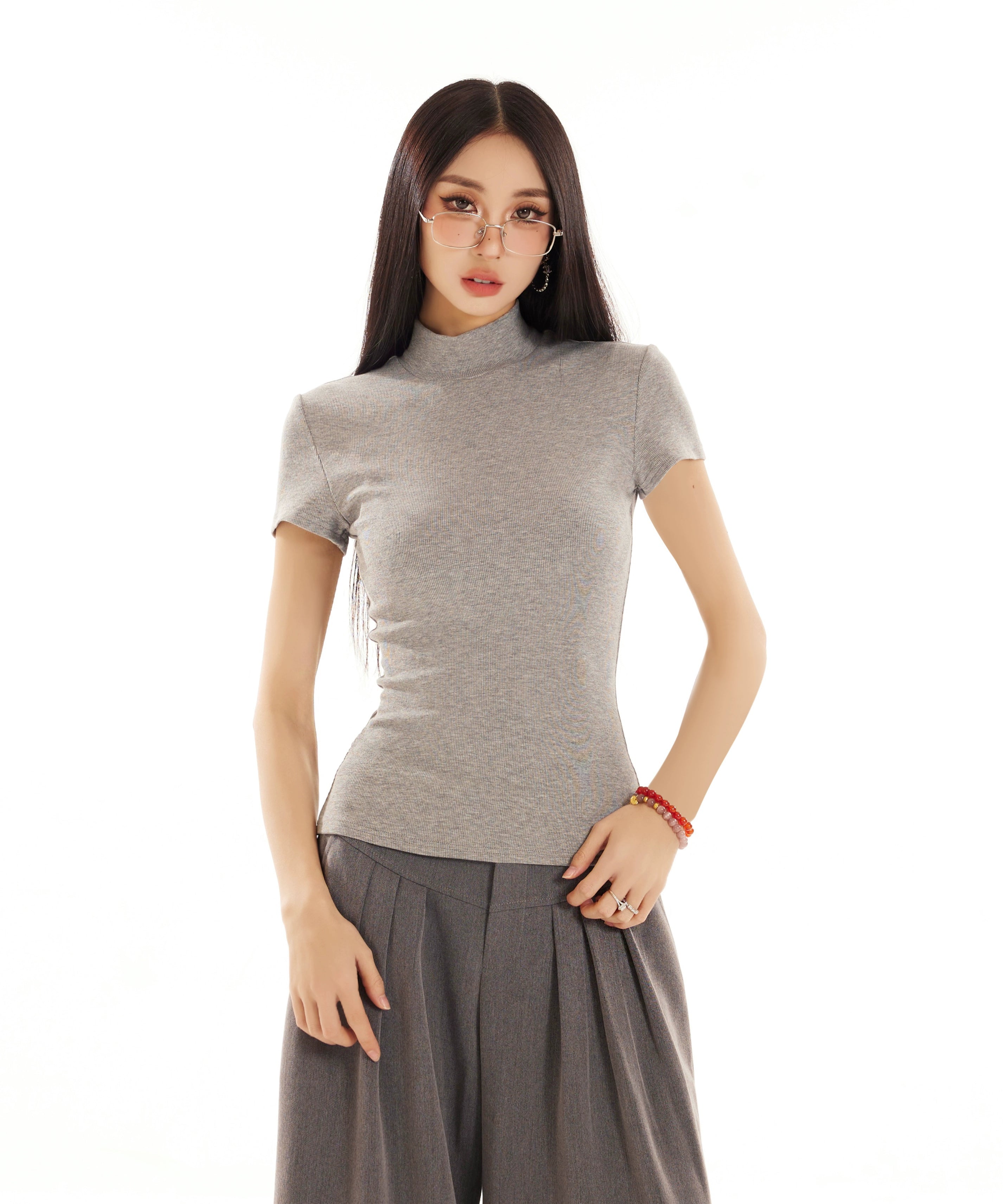 野生zerocircle 白黑灰色半高领正肩短袖t恤女夏修身显瘦针织上衣