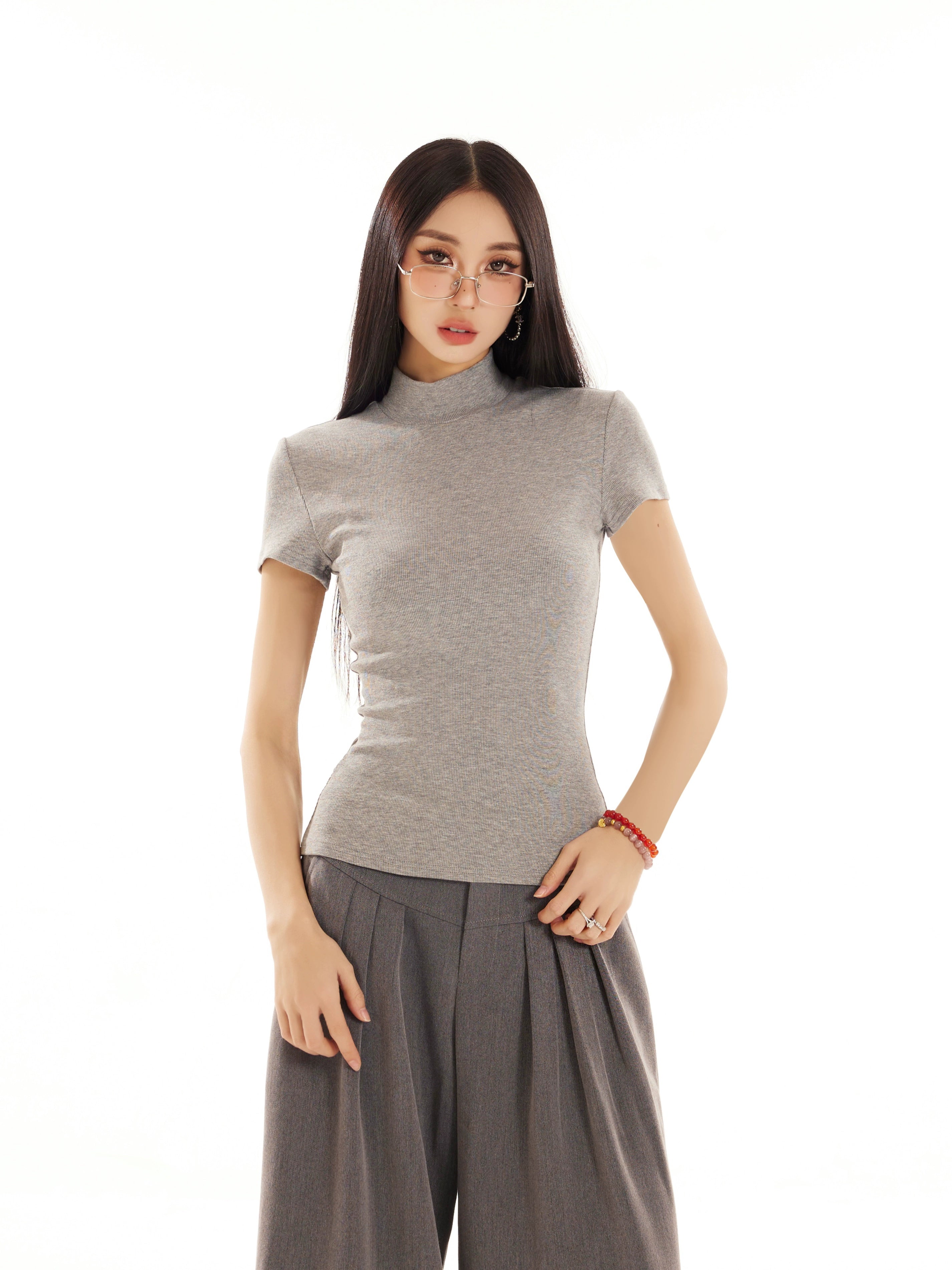 野生zerocircle 白黑灰色半高领正肩短袖t恤女夏修身显瘦针织上衣