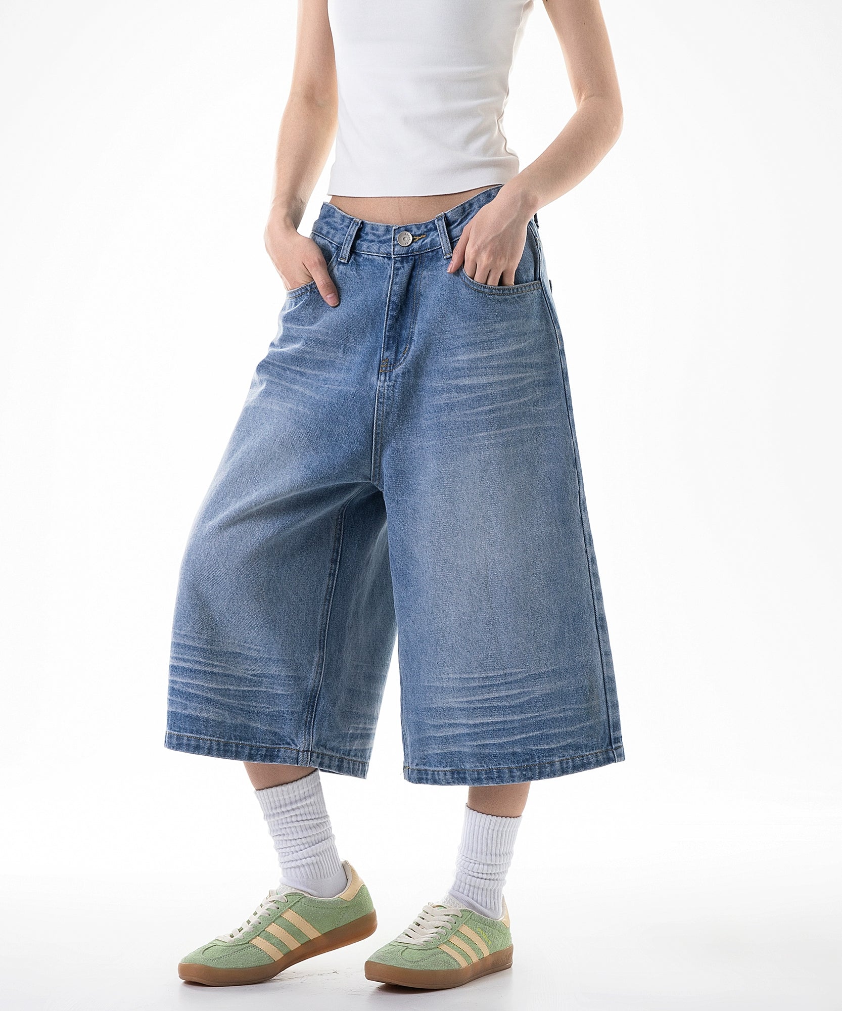 ICH MODE 美式七分裤牛仔裤女夏季宽松直筒工装休闲阔腿裤中短裤