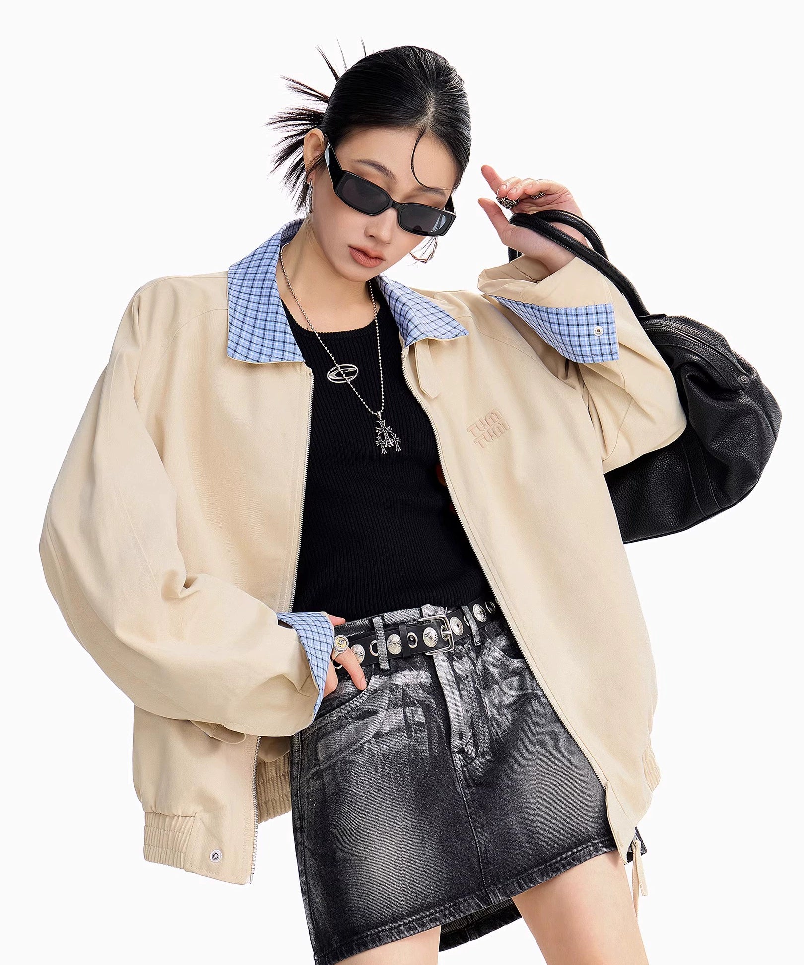 ICH MODE 美式复古格子拼接外套女秋冬宽松开衫夹克运动百搭上衣