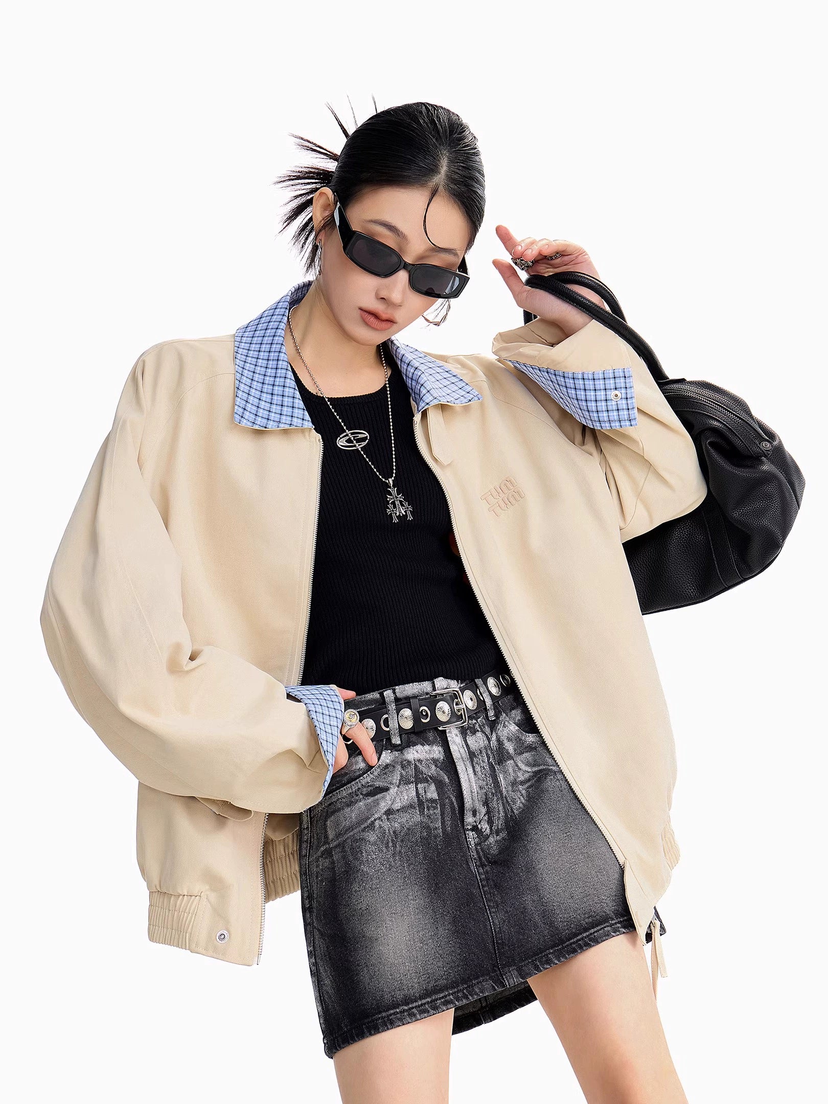 ICH MODE 美式复古格子拼接外套女秋冬宽松开衫夹克运动百搭上衣