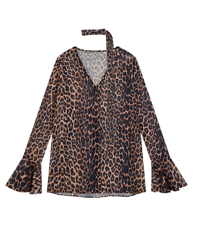 野生zero 豹纹雪纺v领衬衫女夏宽松显瘦绑带设计感喇叭袖薄款上衣