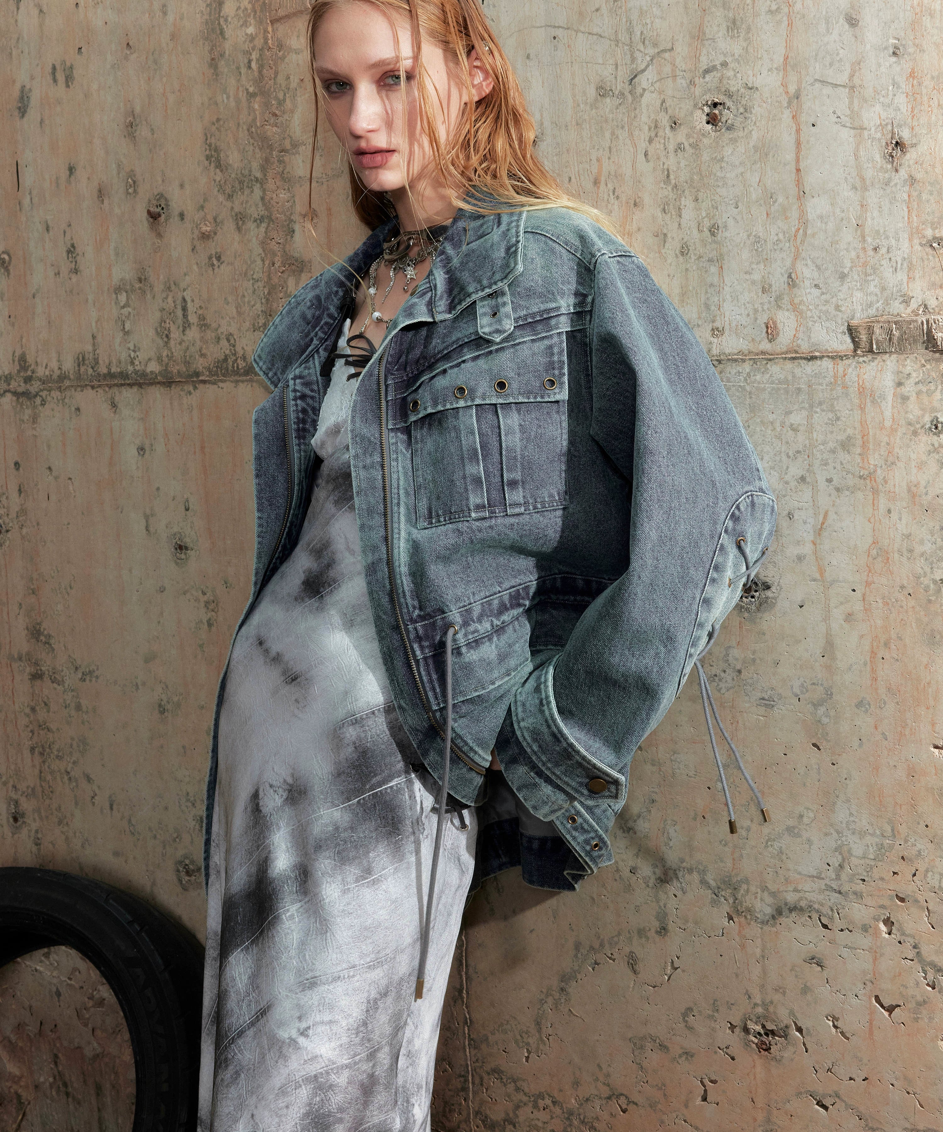 2th Desire美式复古重磅做旧擦色皮衣外套女廓形秋季机车工装夹克