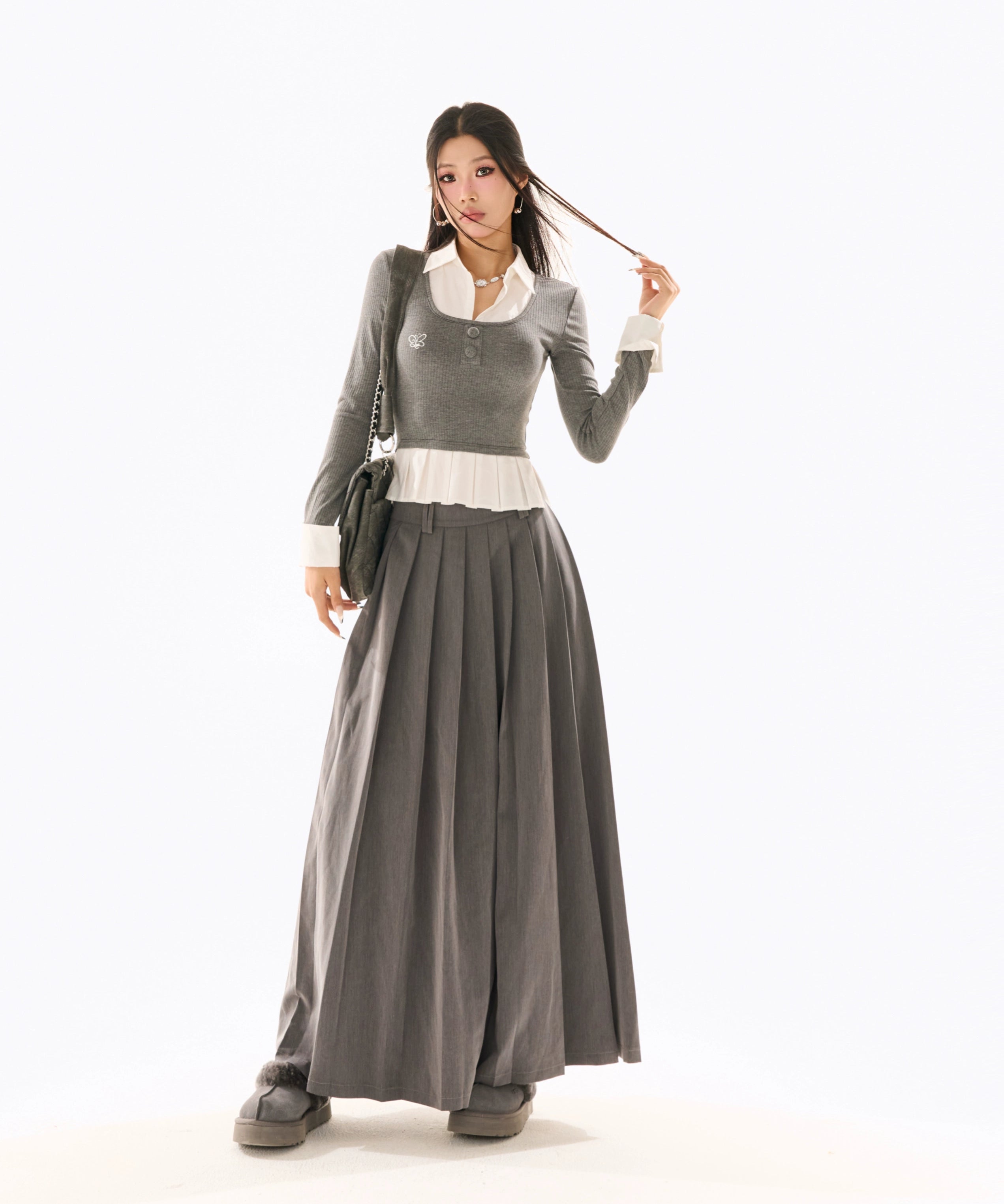 野生zerocircle灰色假两件针织衫女春季韩系修身显瘦拼接长袖上衣