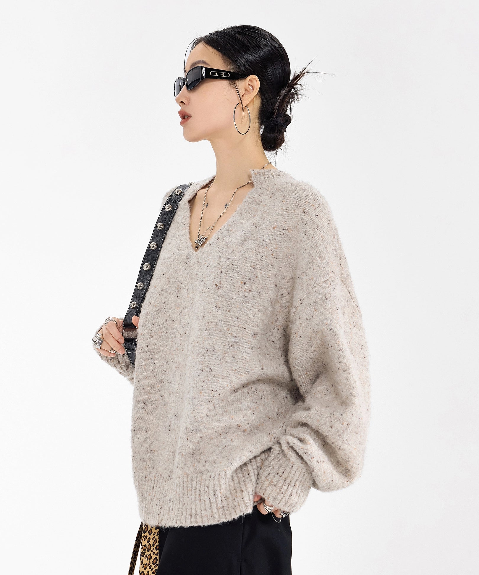 ICH MODE 美式复古V领套头毛衣女秋冬季慵懒宽松针织衫外套高级感