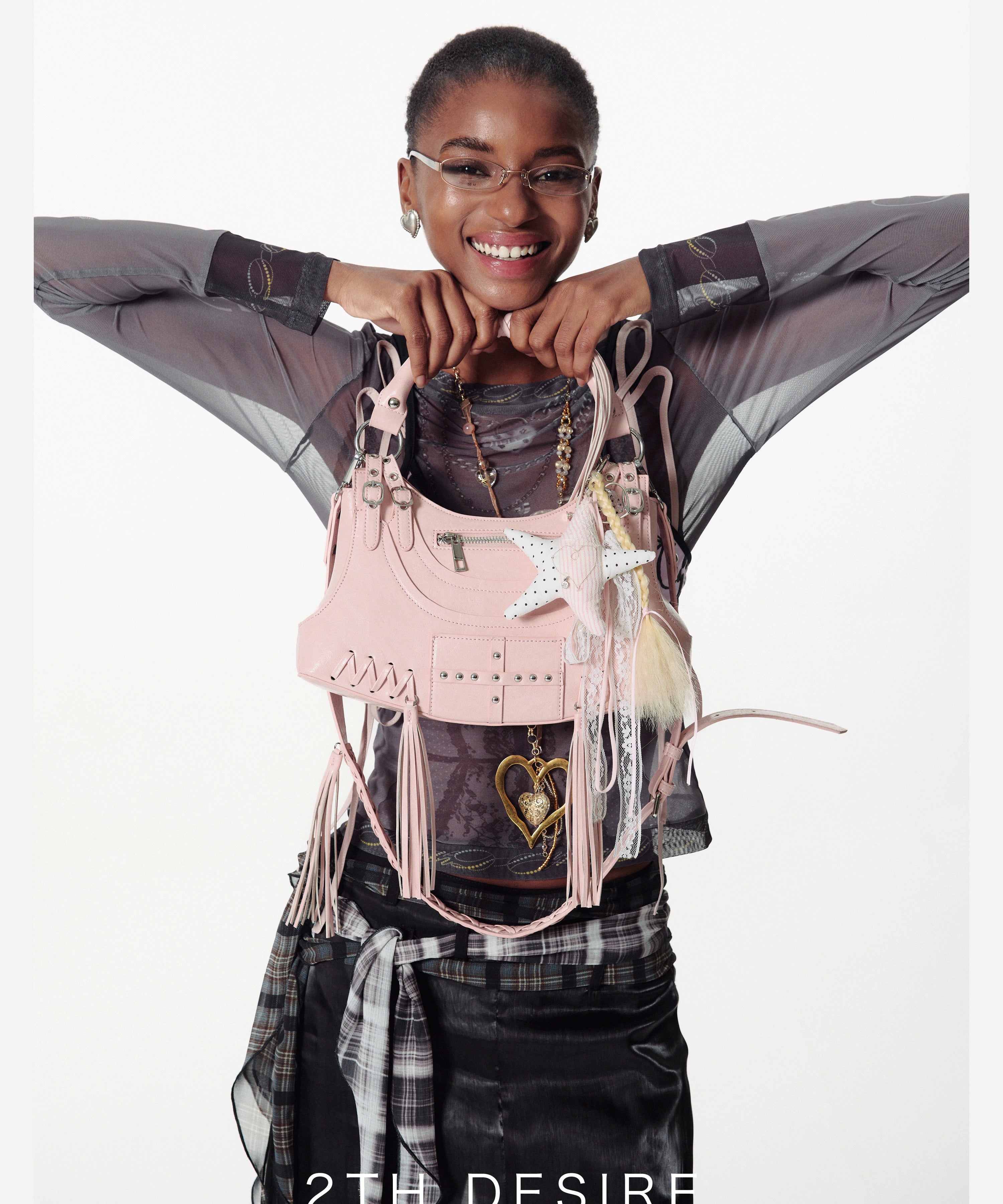 2th Desire手工编制波点豹纹撞色五角星爱心编发蕾丝飘带包挂项链