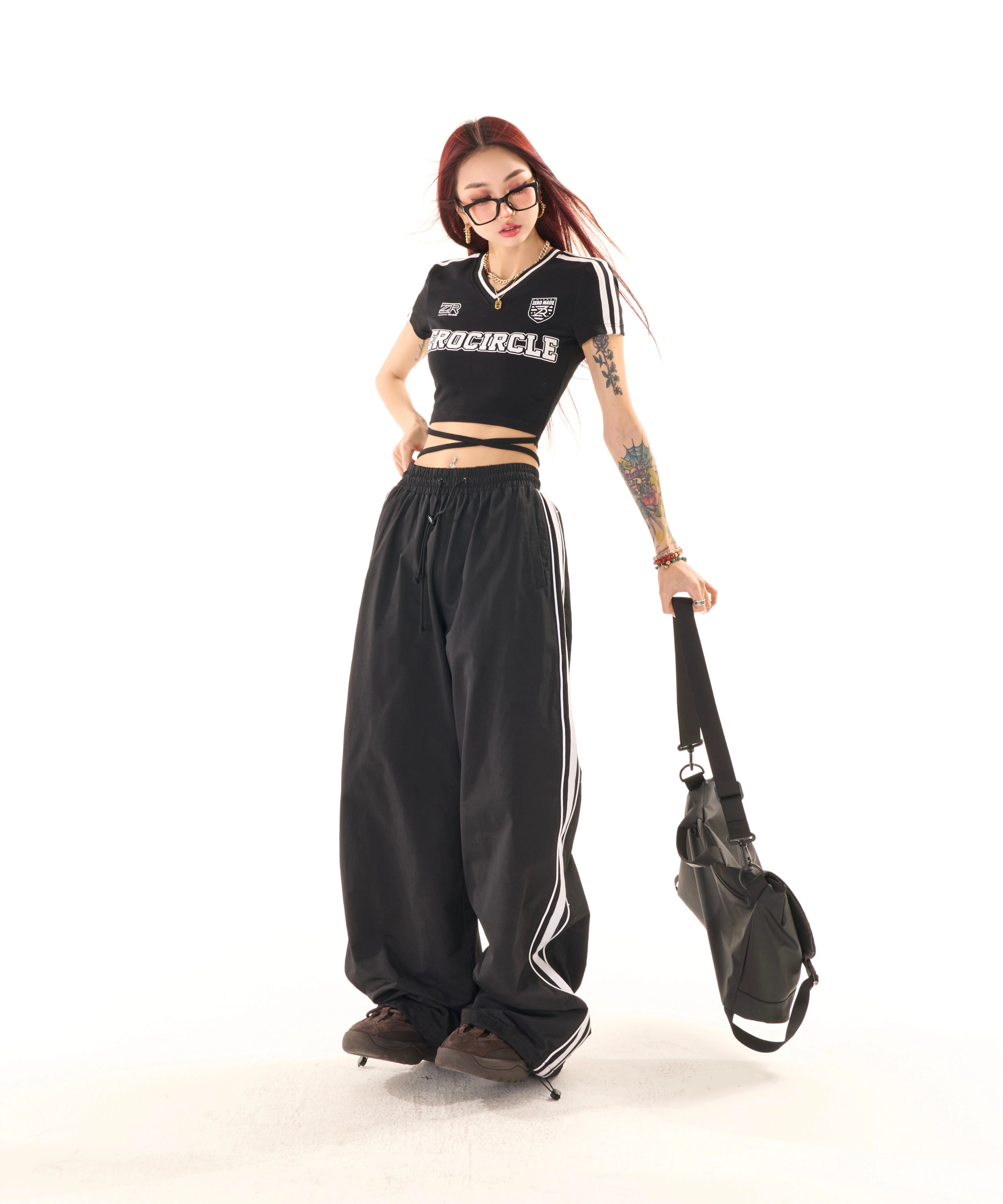 野生zerocircle黑色运动裤女春夏季美式直筒宽松休闲阔腿冲锋裤子