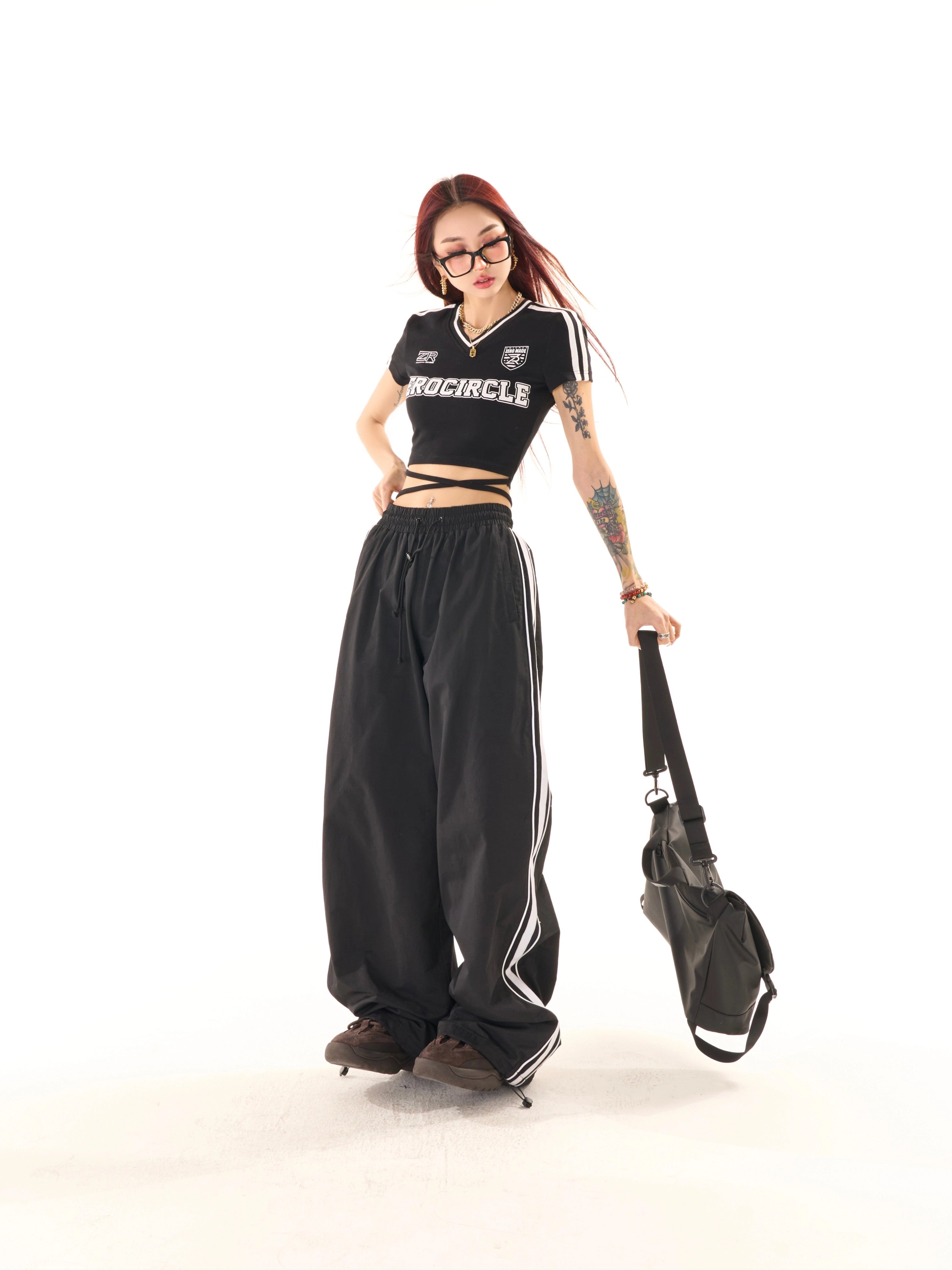 野生zerocircle黑色运动裤女春夏季美式直筒宽松休闲阔腿冲锋裤子