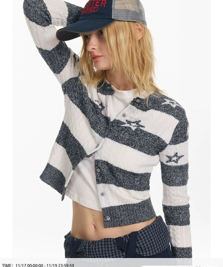 2th Desire星星绞花复古撞色条纹羊毛针织衫时尚休闲短款毛衣外套