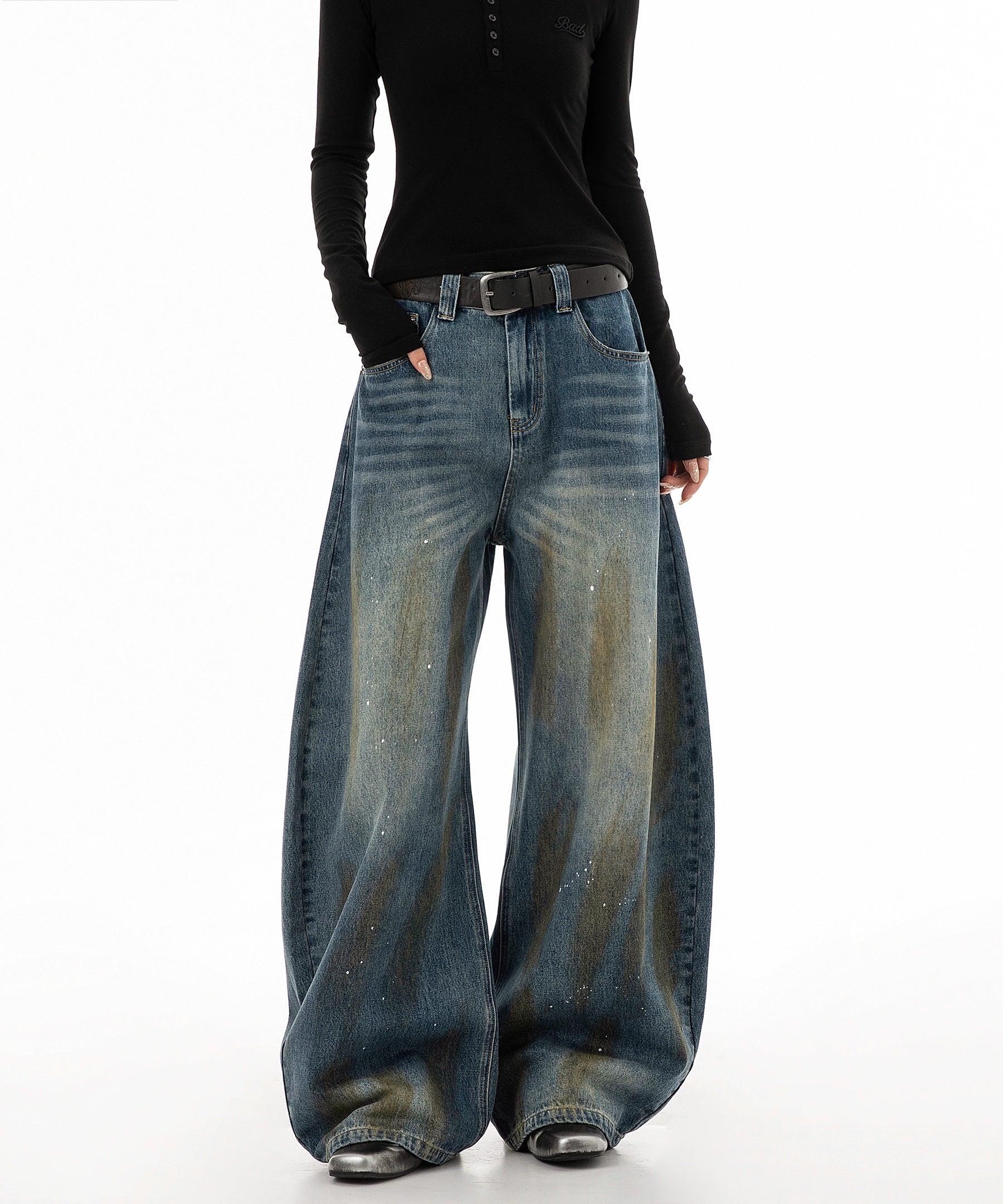 ICH MODE 美式复古做旧牛仔裤女夏季宽松直筒裤休闲阔腿弯刀裤子