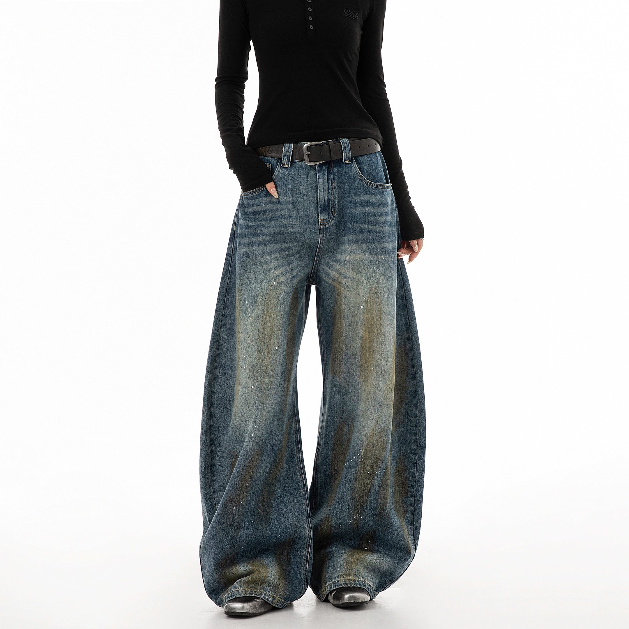 ICH MODE 美式复古做旧牛仔裤女夏季宽松直筒裤休闲阔腿弯刀裤子