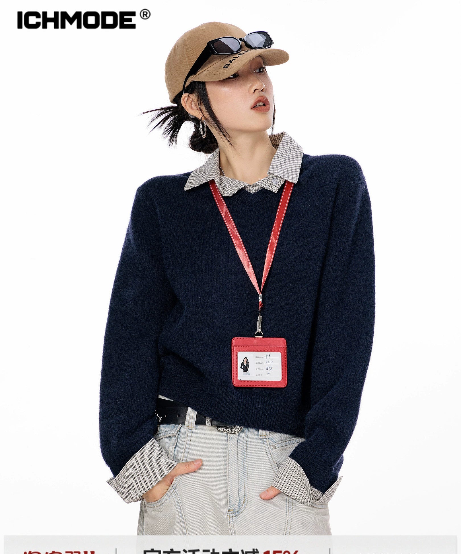 ICH MODE 美式复古假两件格子拼接毛衣女秋冬季毛针织衫POLO上衣