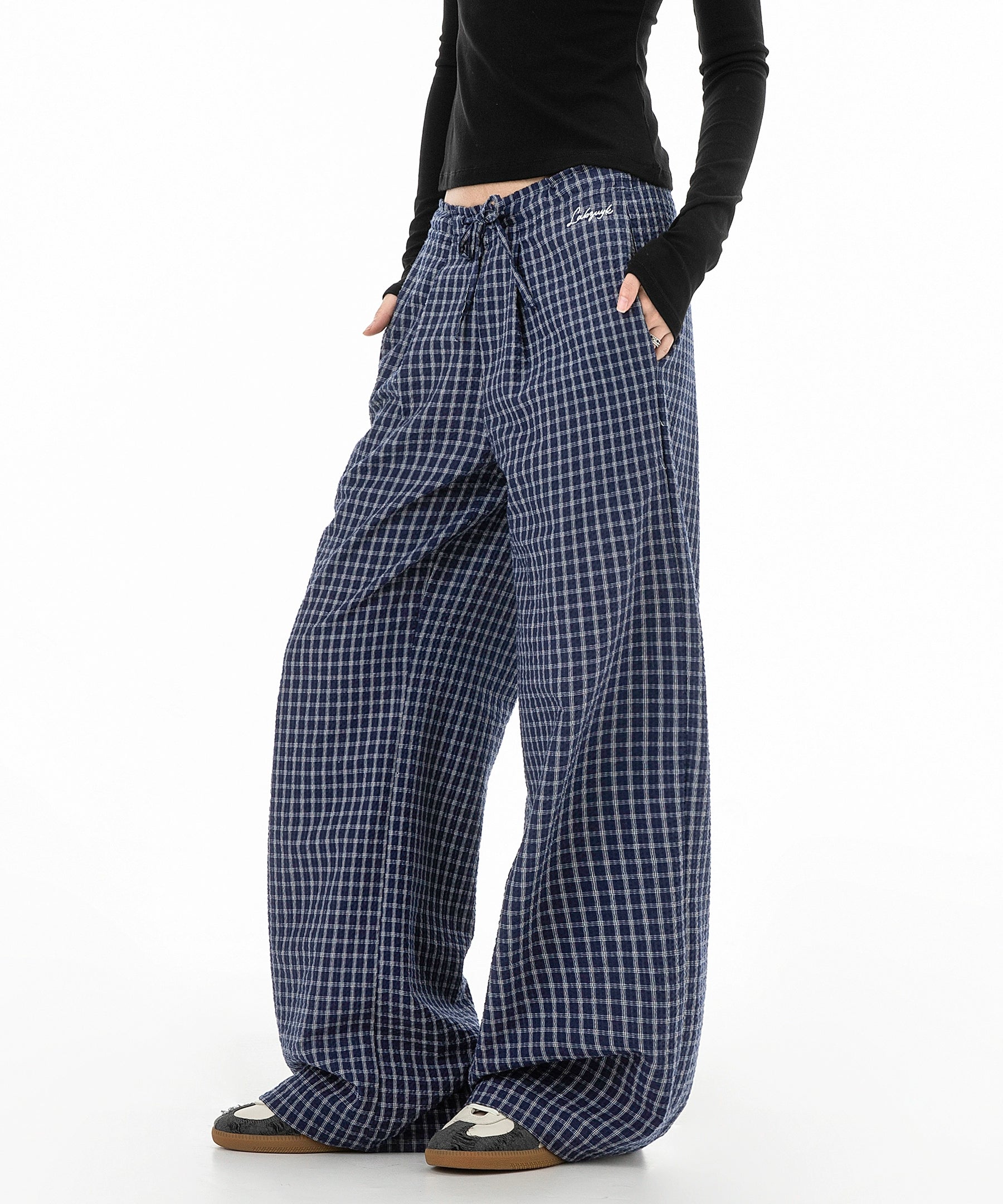 ICH MODE 美式复古宽松休闲裤女运动格子裤百搭直筒阔腿裤长裤子