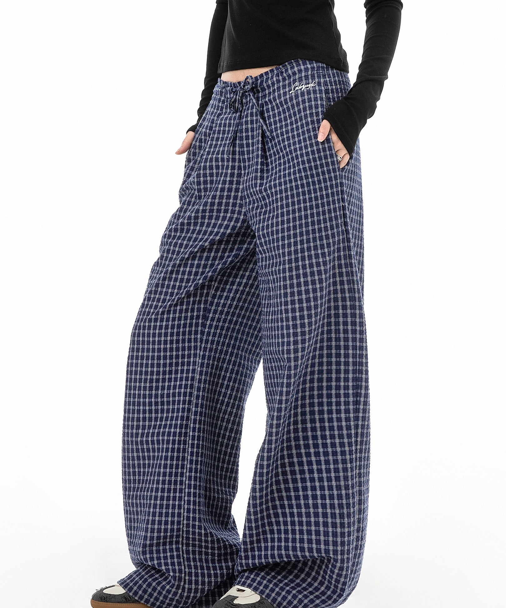 ICH MODE 美式复古宽松休闲裤女运动格子裤百搭直筒阔腿裤长裤子