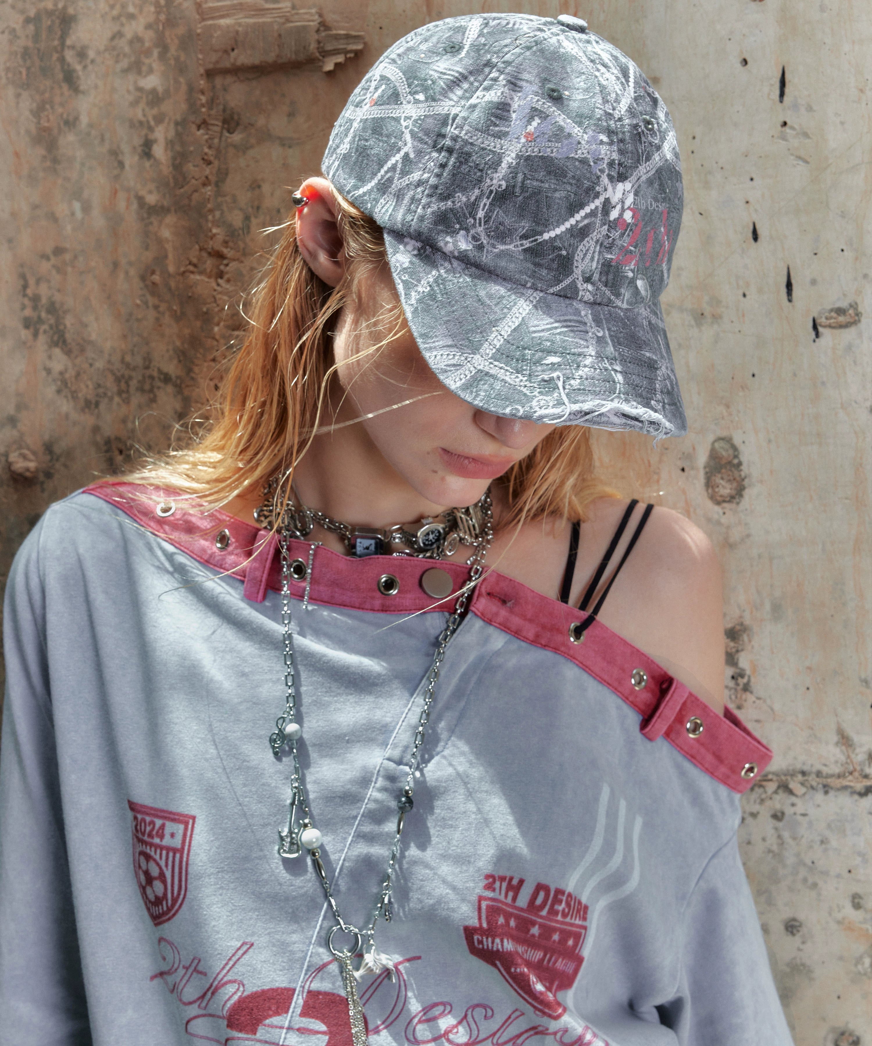 2th Desire做旧洗毛边刺绣棒球帽迷彩牛仔印花破旧可调节弯檐帽子