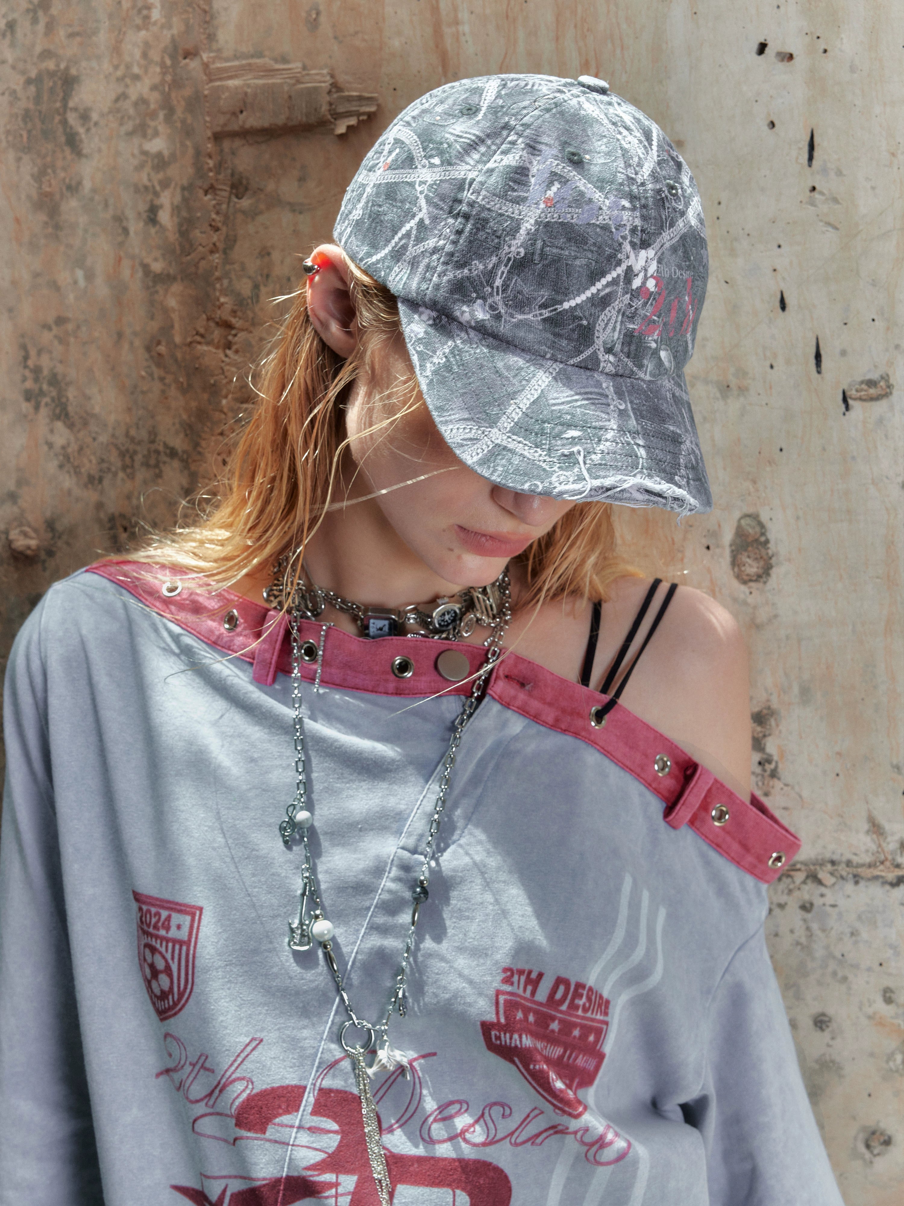 2th Desire做旧洗毛边刺绣棒球帽迷彩牛仔印花破旧可调节弯檐帽子