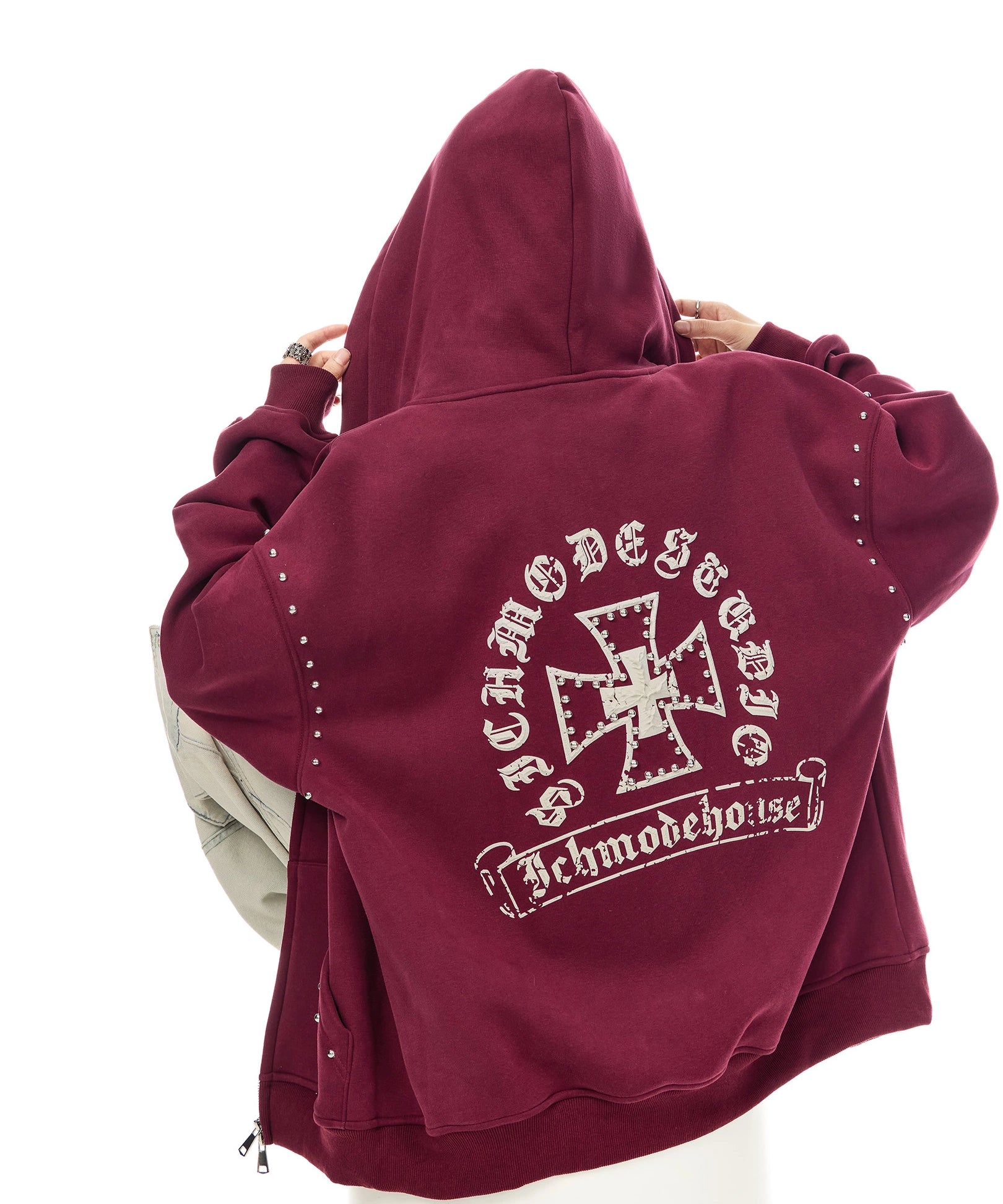 ICH MODE 美式哥特风复古钢珠加绒外套女秋冬季连帽上衣开衫卫衣