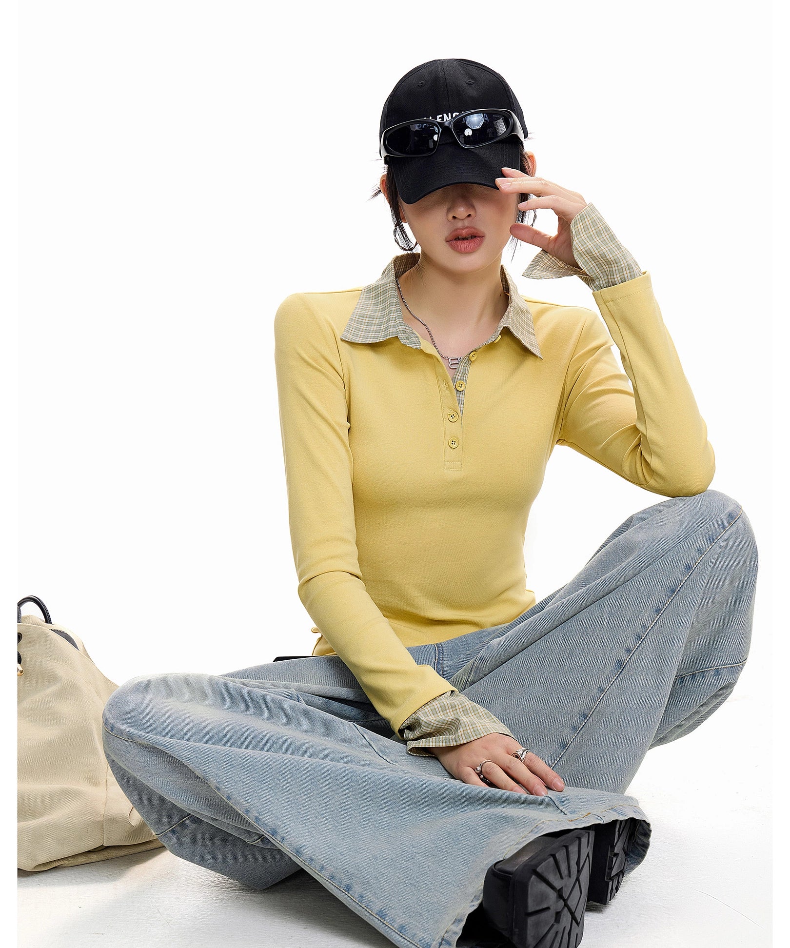 ICH MODE 美式假两件POLO领T恤女秋冬修身长袖格子内搭打底衫上衣