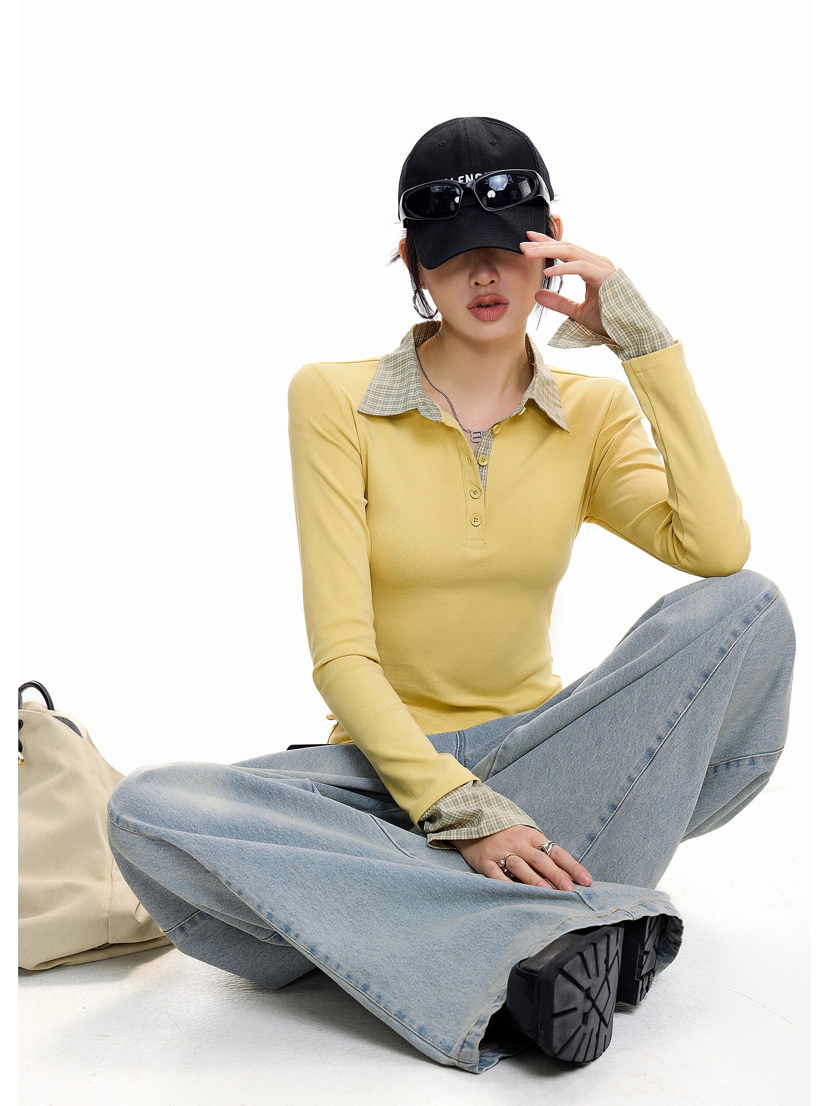 ICH MODE 美式假两件POLO领T恤女秋冬修身长袖格子内搭打底衫上衣