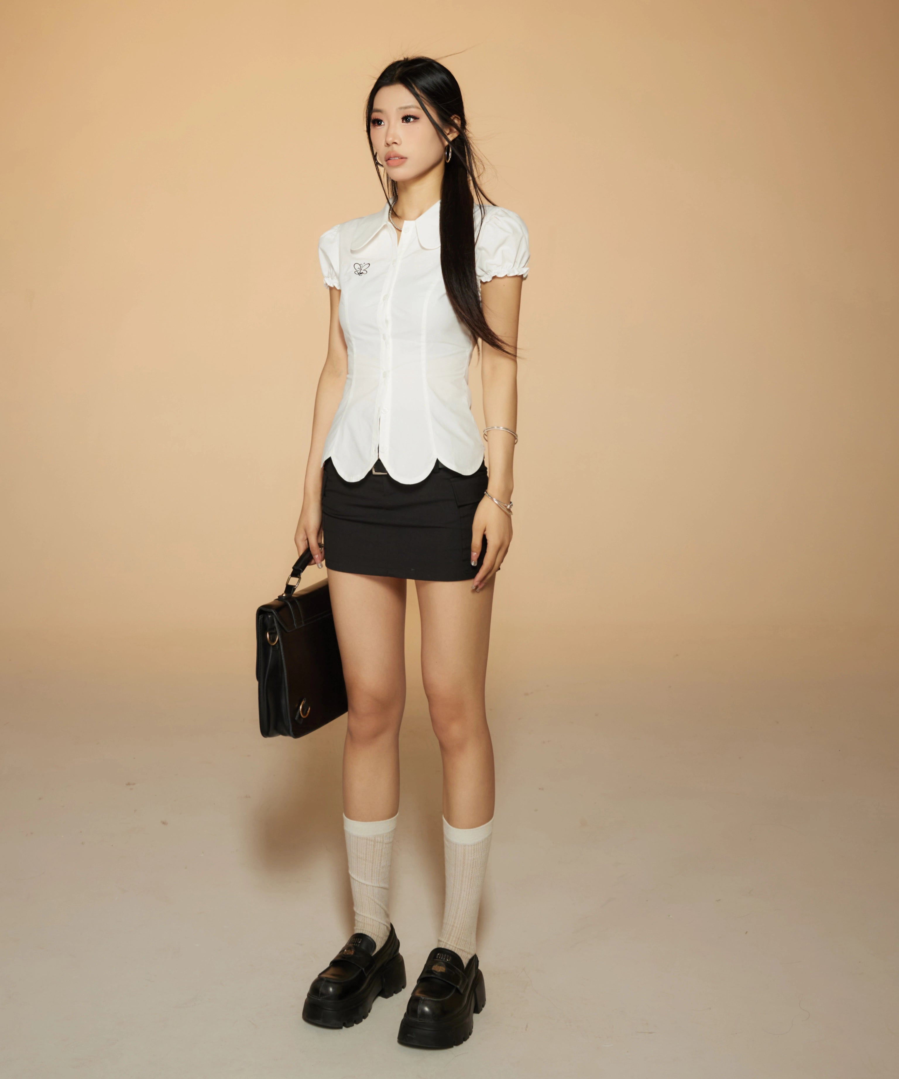 野生zerocircle白色娃娃领泡泡短袖衬衫女春韩系修身显瘦收腰上衣