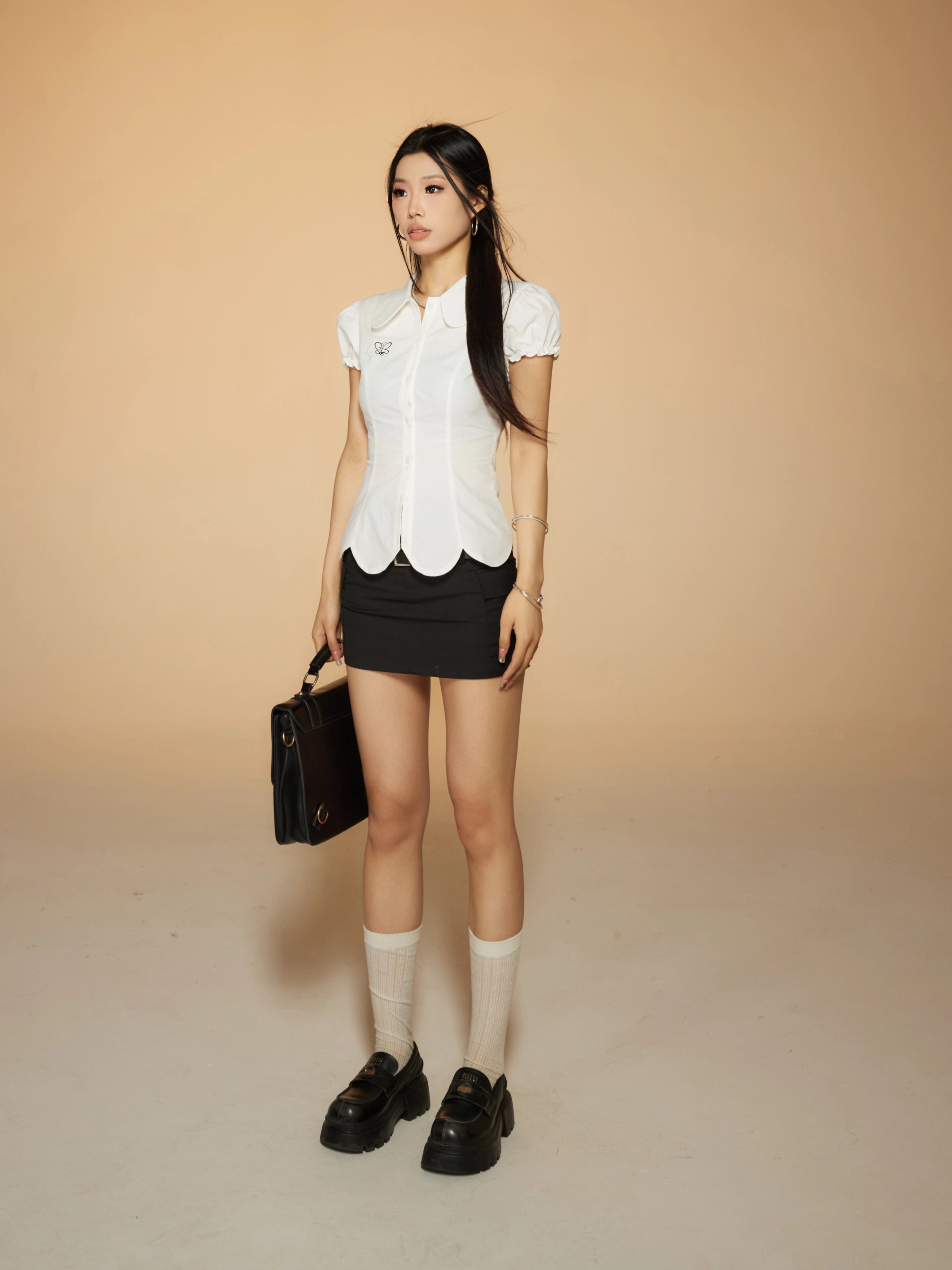 野生zerocircle白色娃娃领泡泡短袖衬衫女春韩系修身显瘦收腰上衣