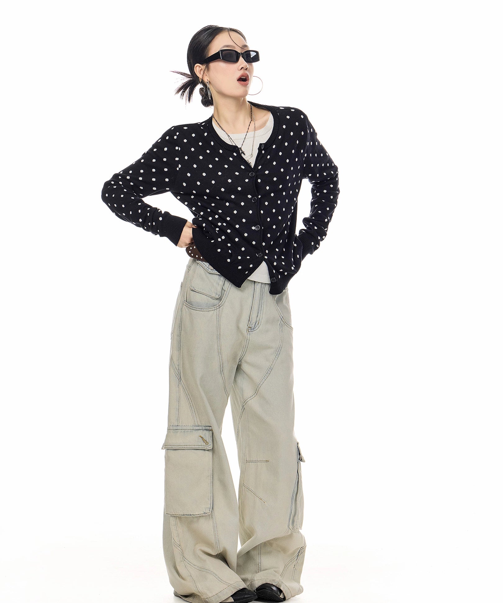 ICH MODE 美式复古修身波点针织开衫女2025新款秋冬慵懒毛衣外套