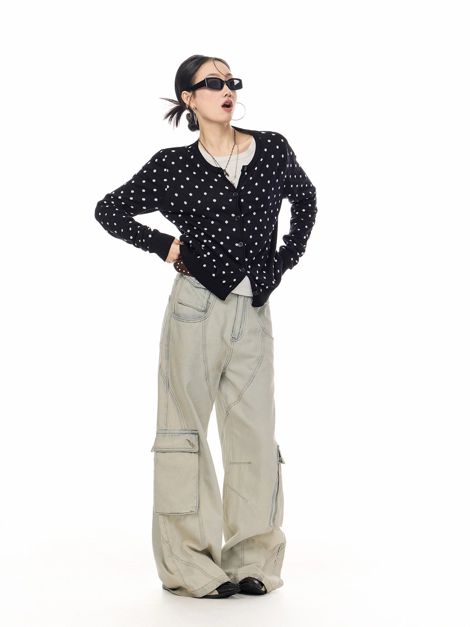 ICH MODE 美式复古修身波点针织开衫女2025新款秋冬慵懒毛衣外套