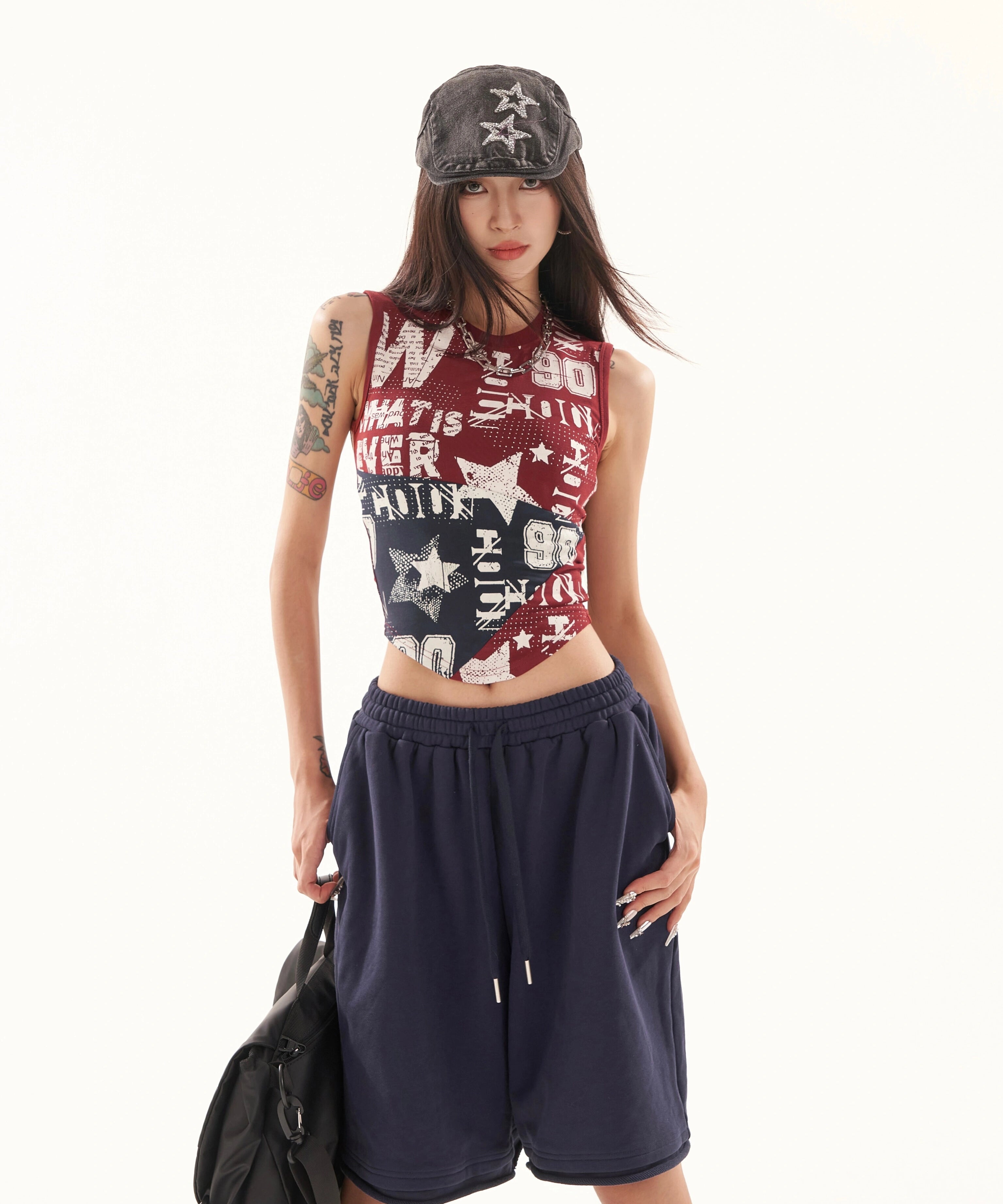 野生zero撞色无袖背心女夏季辣妹印花修身显瘦小众设计感短款上衣