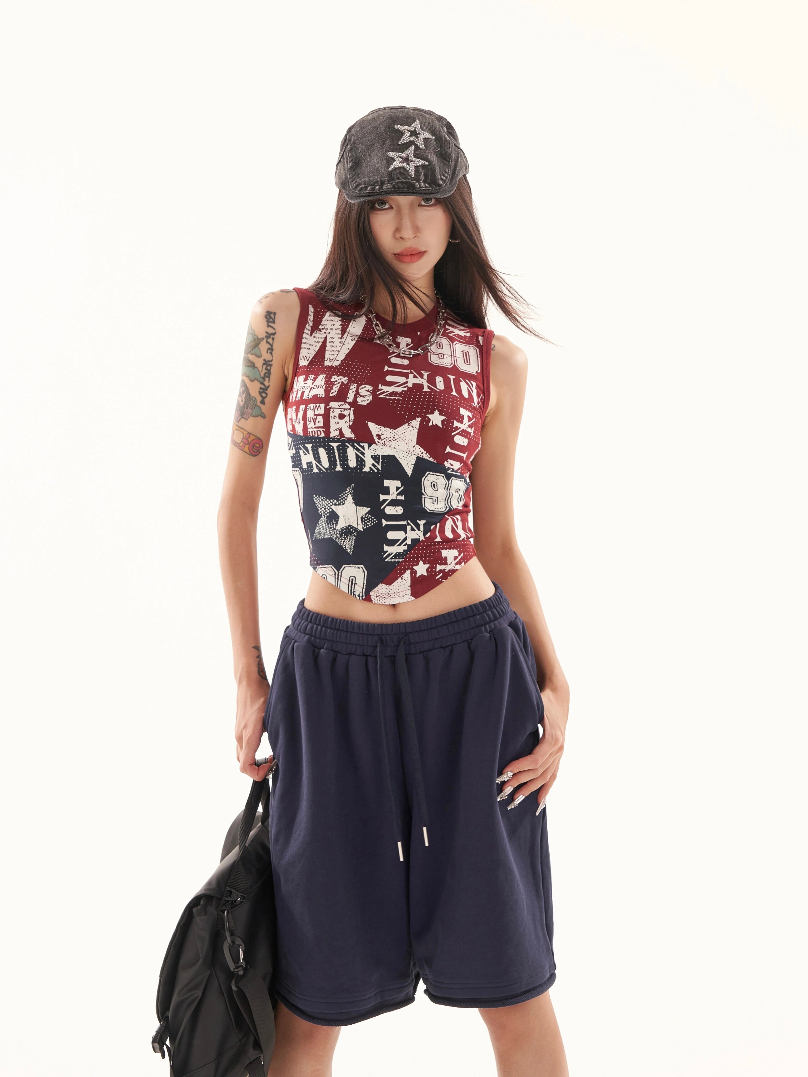 野生zero撞色无袖背心女夏季辣妹印花修身显瘦小众设计感短款上衣