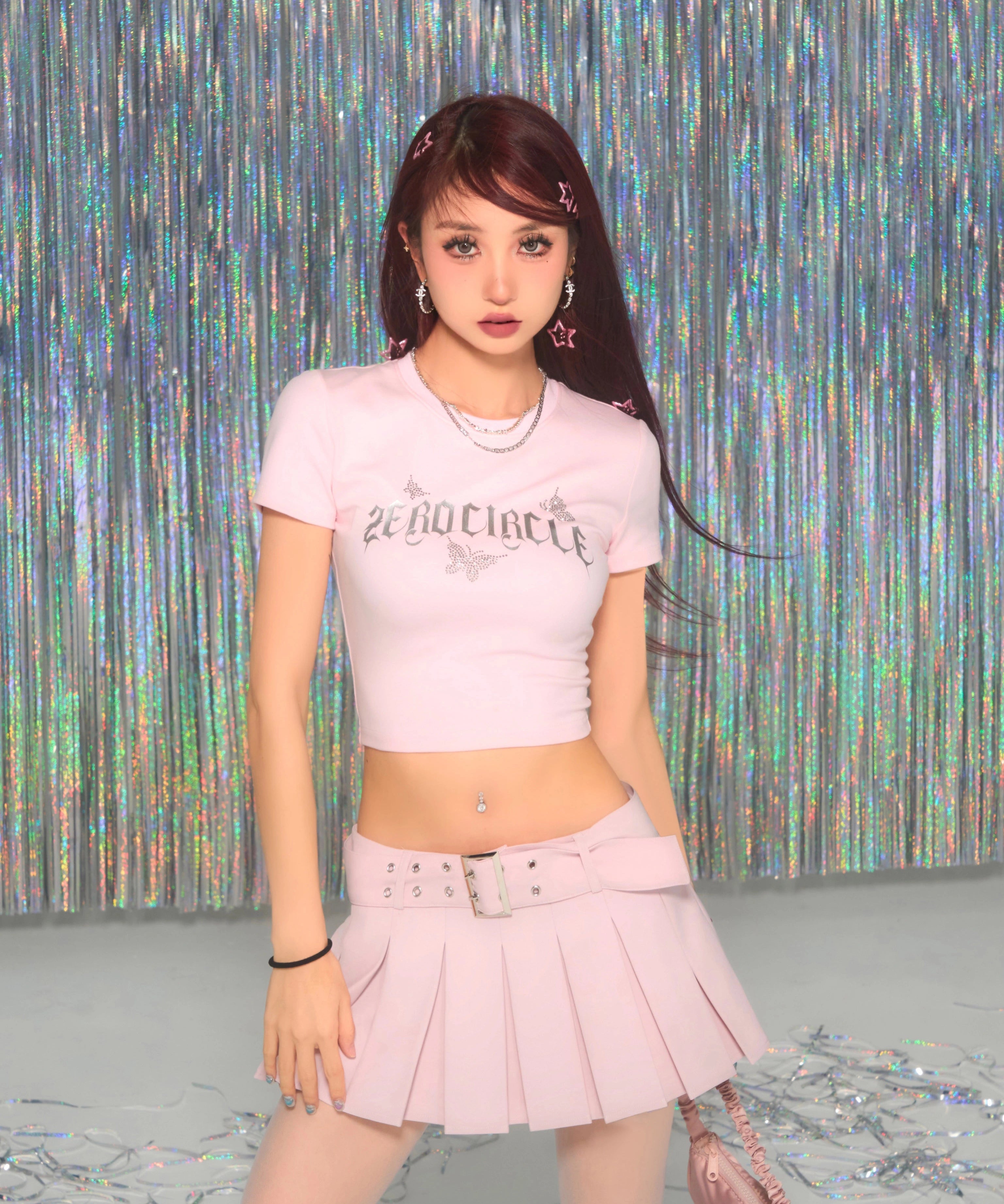 野生zerocircle 黑粉色烫钻正肩短袖t恤女夏辣妹修身显瘦短款上衣