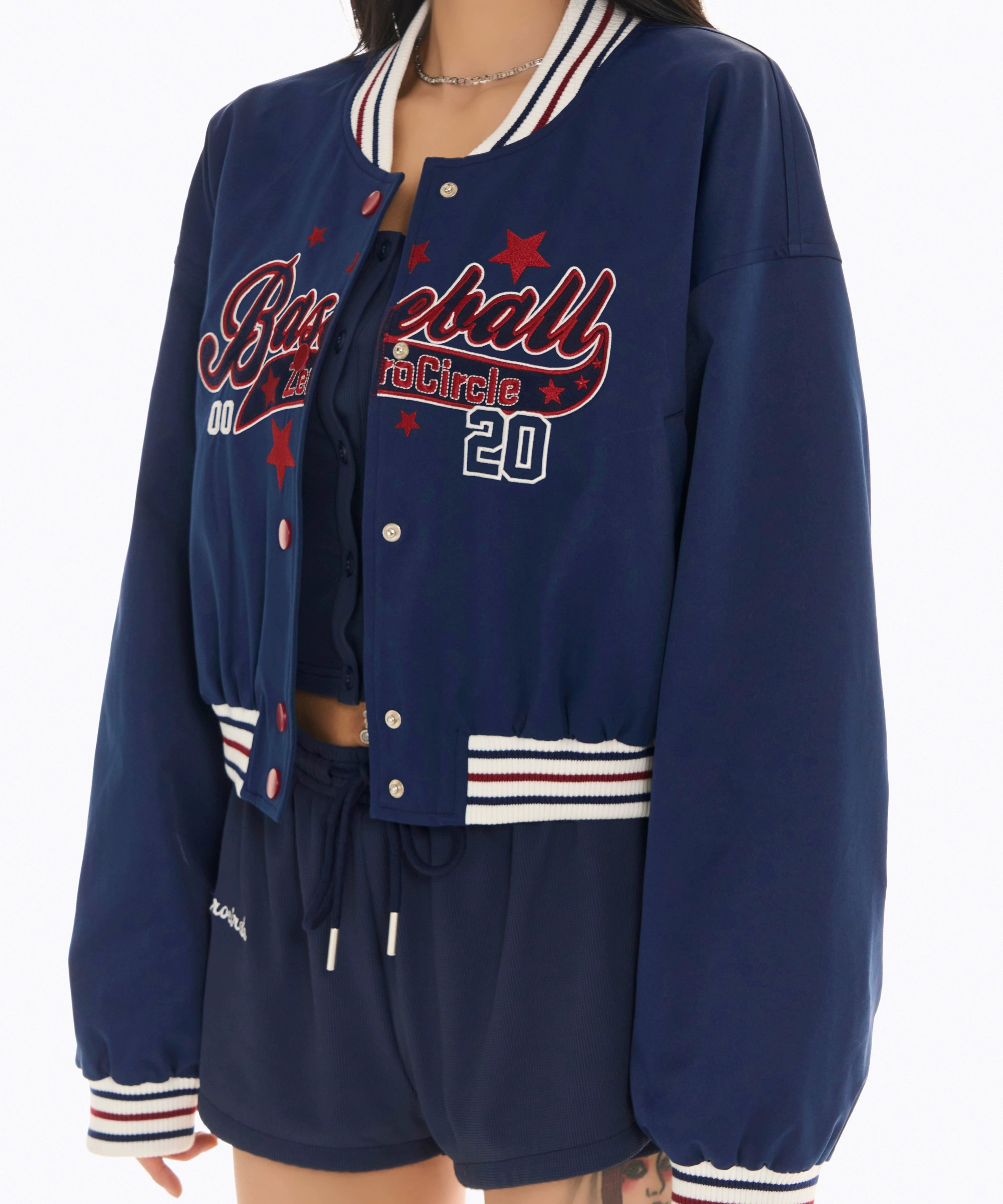 野生zerocircle短款棒球服女春季美式复古小众宽松设计感蓝色外套
