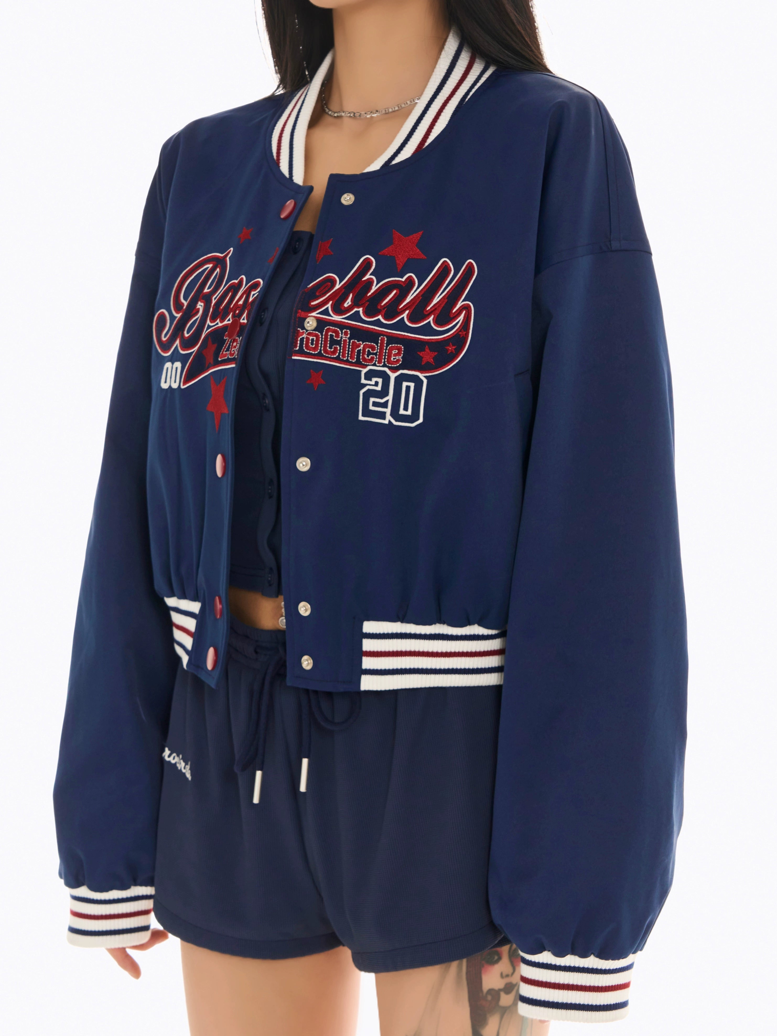 野生zerocircle短款棒球服女春季美式复古小众宽松设计感蓝色外套