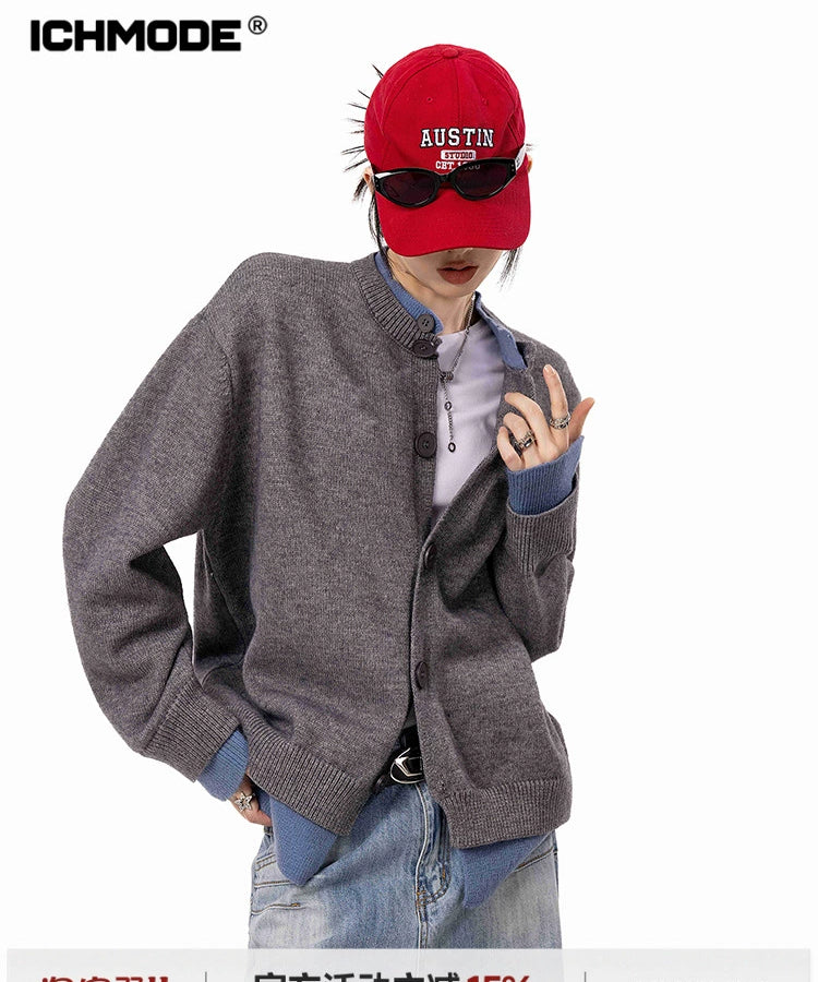 ICH MODE 美式假两件毛针织衫女2025年新款秋冬开衫毛衣长袖外套