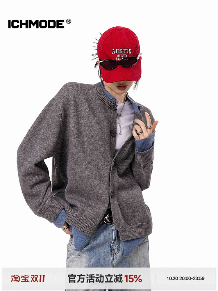 ICH MODE 美式假两件毛针织衫女2025年新款秋冬开衫毛衣长袖外套