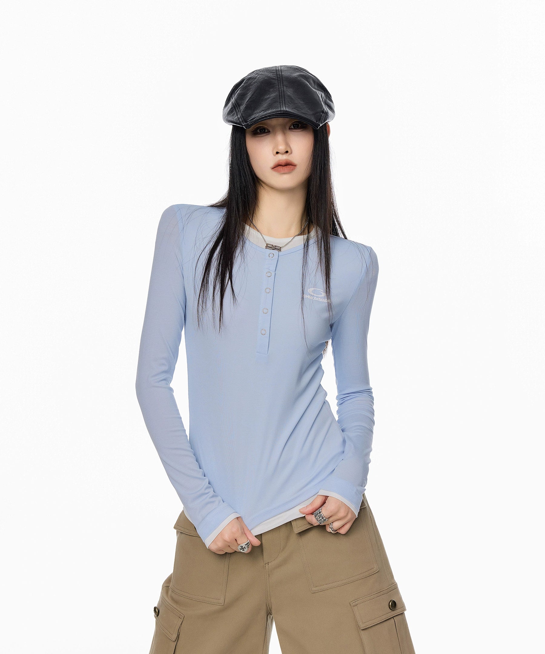 ICH MODE 美式亨利领假两件正肩长袖T恤女秋冬修身一字肩打底上衣