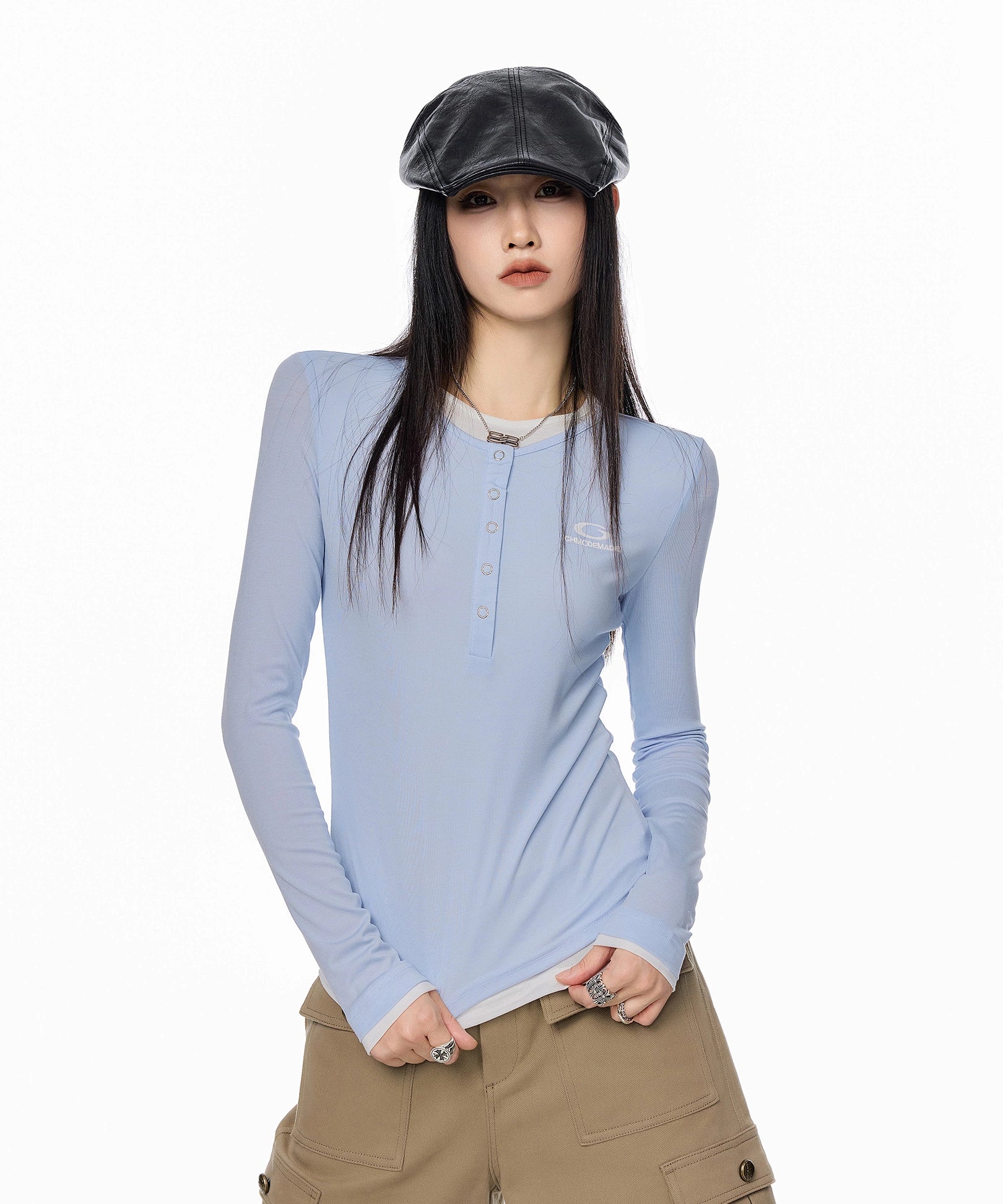 ICH MODE 美式亨利领假两件正肩长袖T恤女秋冬修身一字肩打底上衣