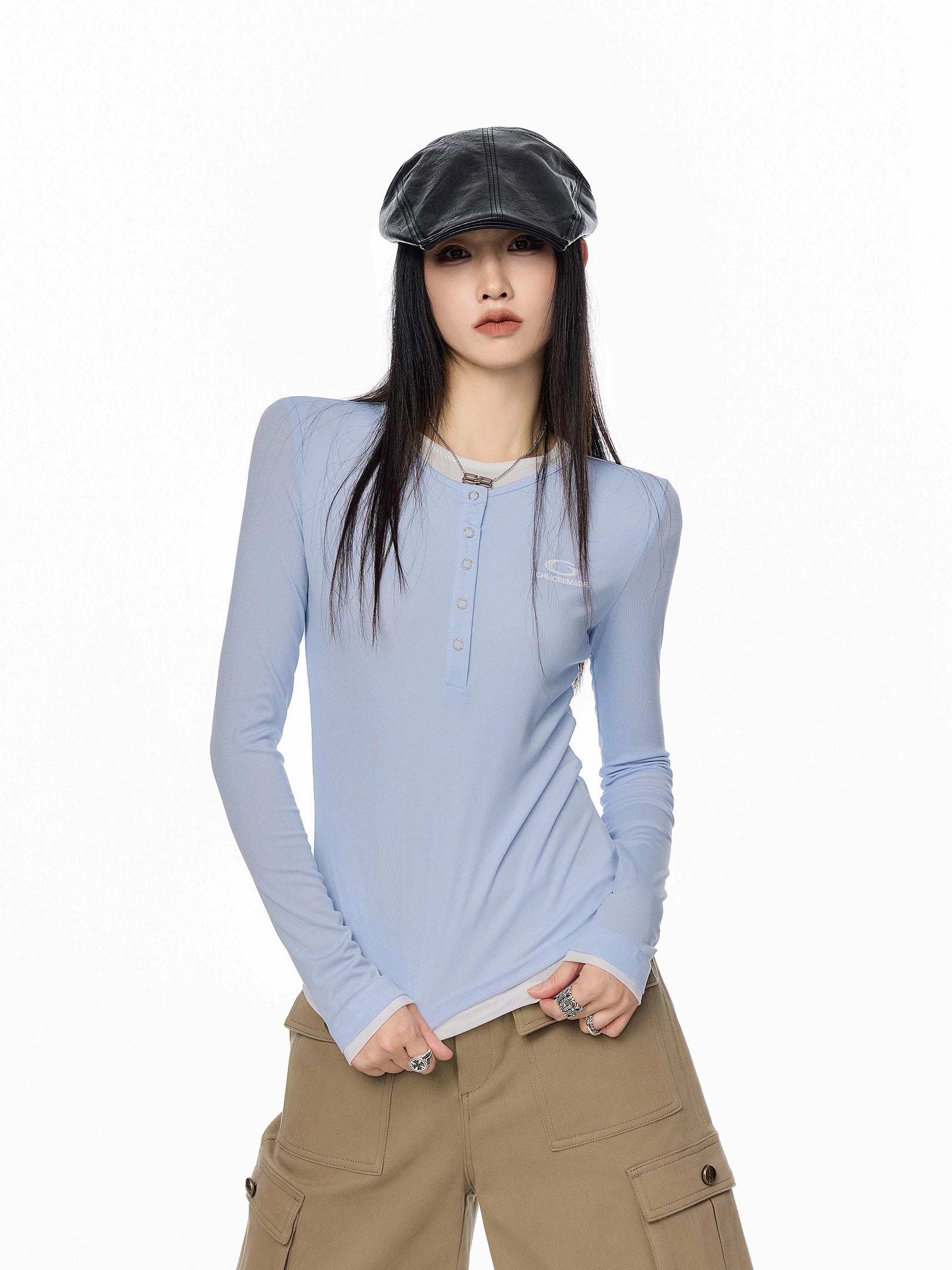 ICH MODE 美式亨利领假两件正肩长袖T恤女秋冬修身一字肩打底上衣