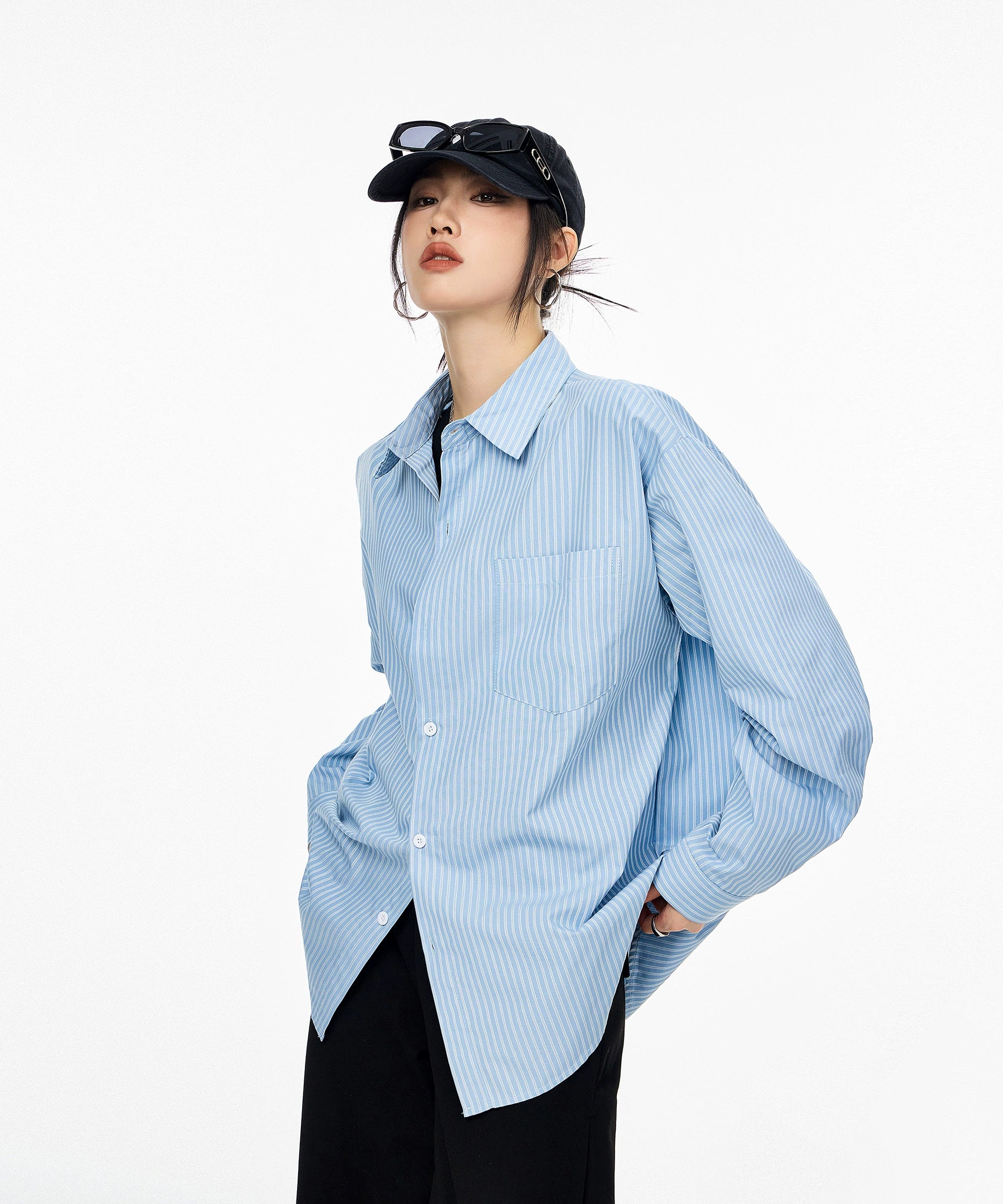 ICH MODE 美式复古条纹长袖衬衫女夏季新款宽松休闲翻领衬衣外套