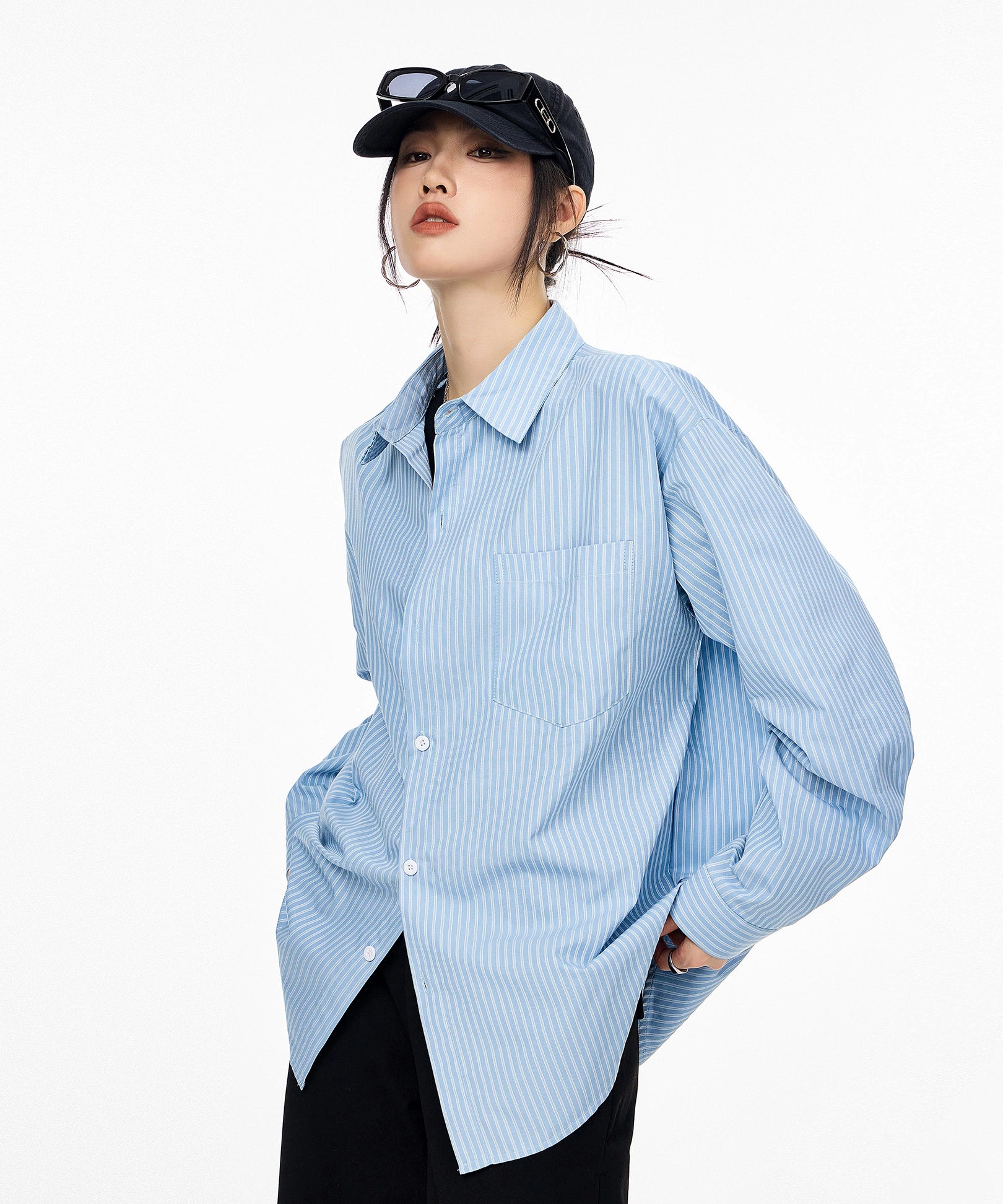 ICH MODE 美式复古条纹长袖衬衫女夏季新款宽松休闲翻领衬衣外套