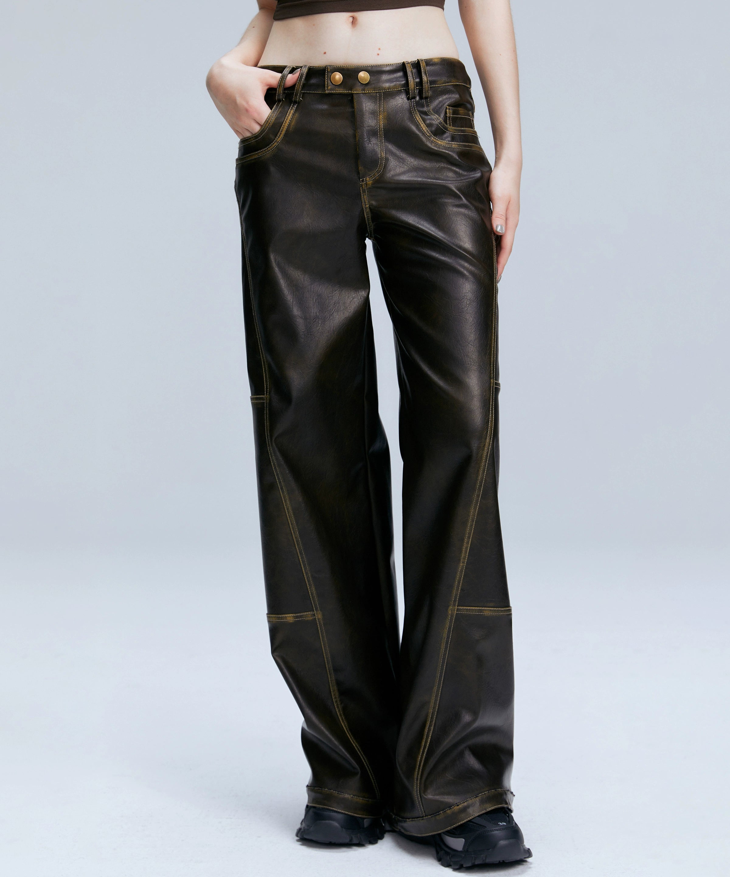 2th Desire原创复古棕色宽松百搭直筒裤子美式长裤低腰pu皮裤女