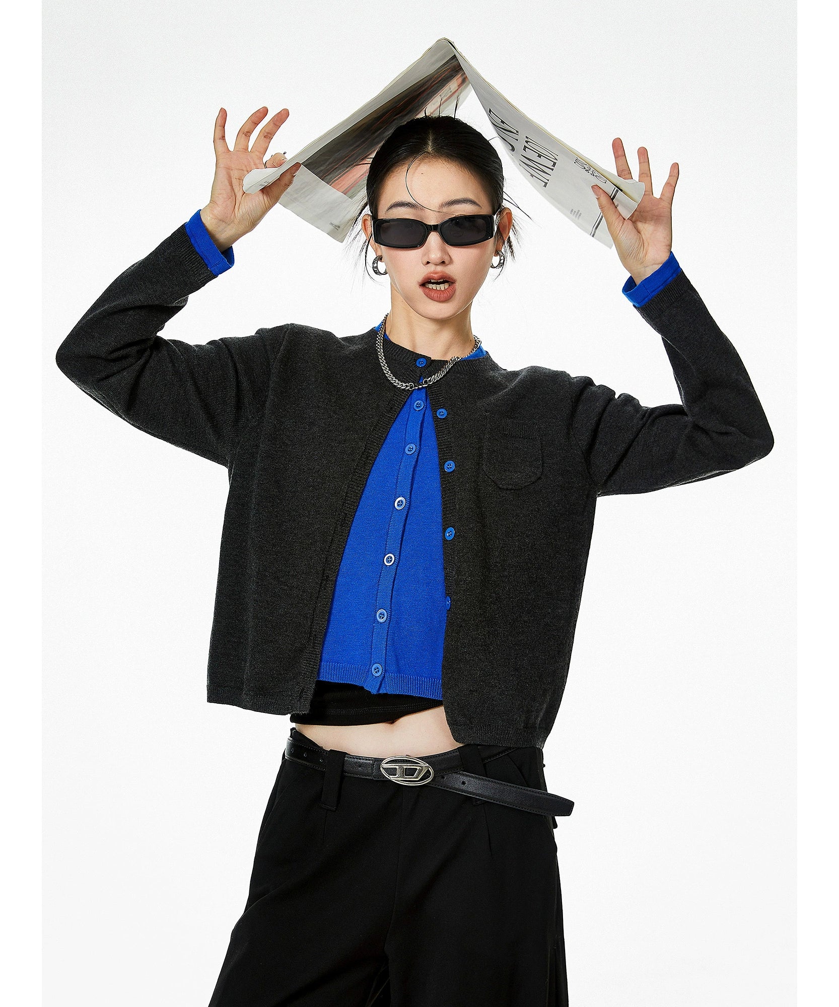 ICH MODE 美式复古假两件针织开衫女秋冬毛衣外套打底衫长袖上衣